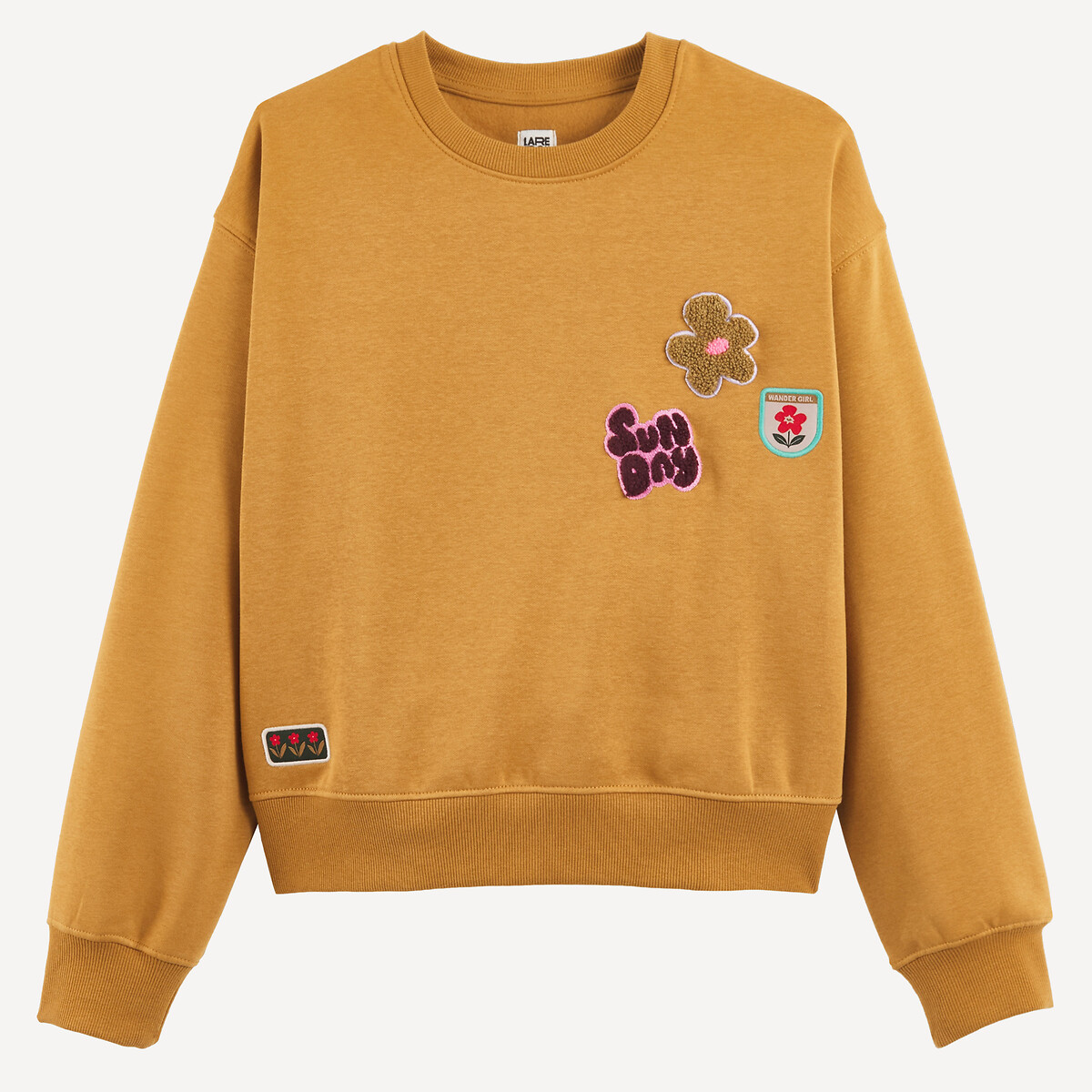 Sweat col rond, avec badges brodés devant, en molleton camel, LA REDOUTE COLLECTIONS