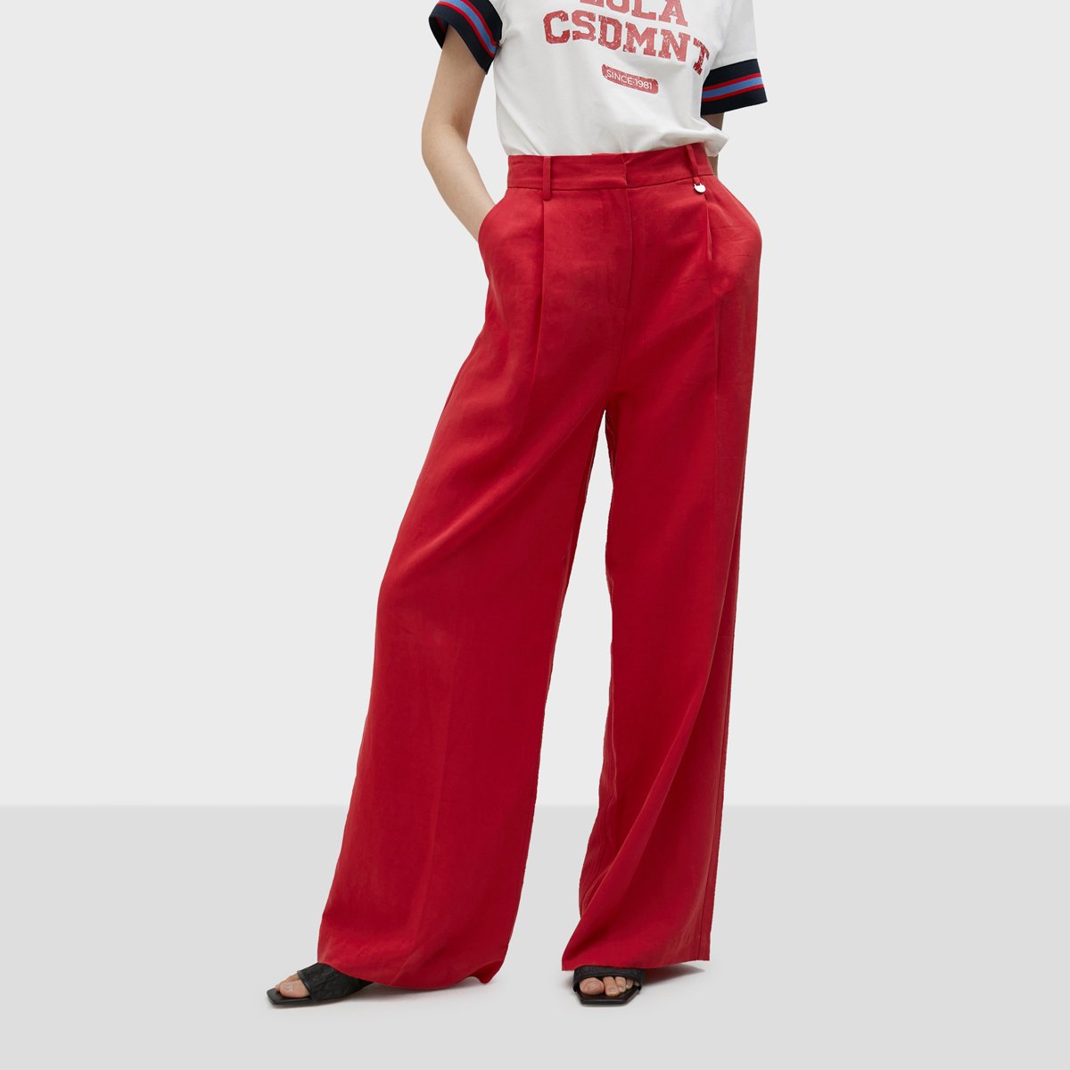 Pantalon palazzo taille haute en lin mélangé rouge foncé, LOLA CASADEMUNT