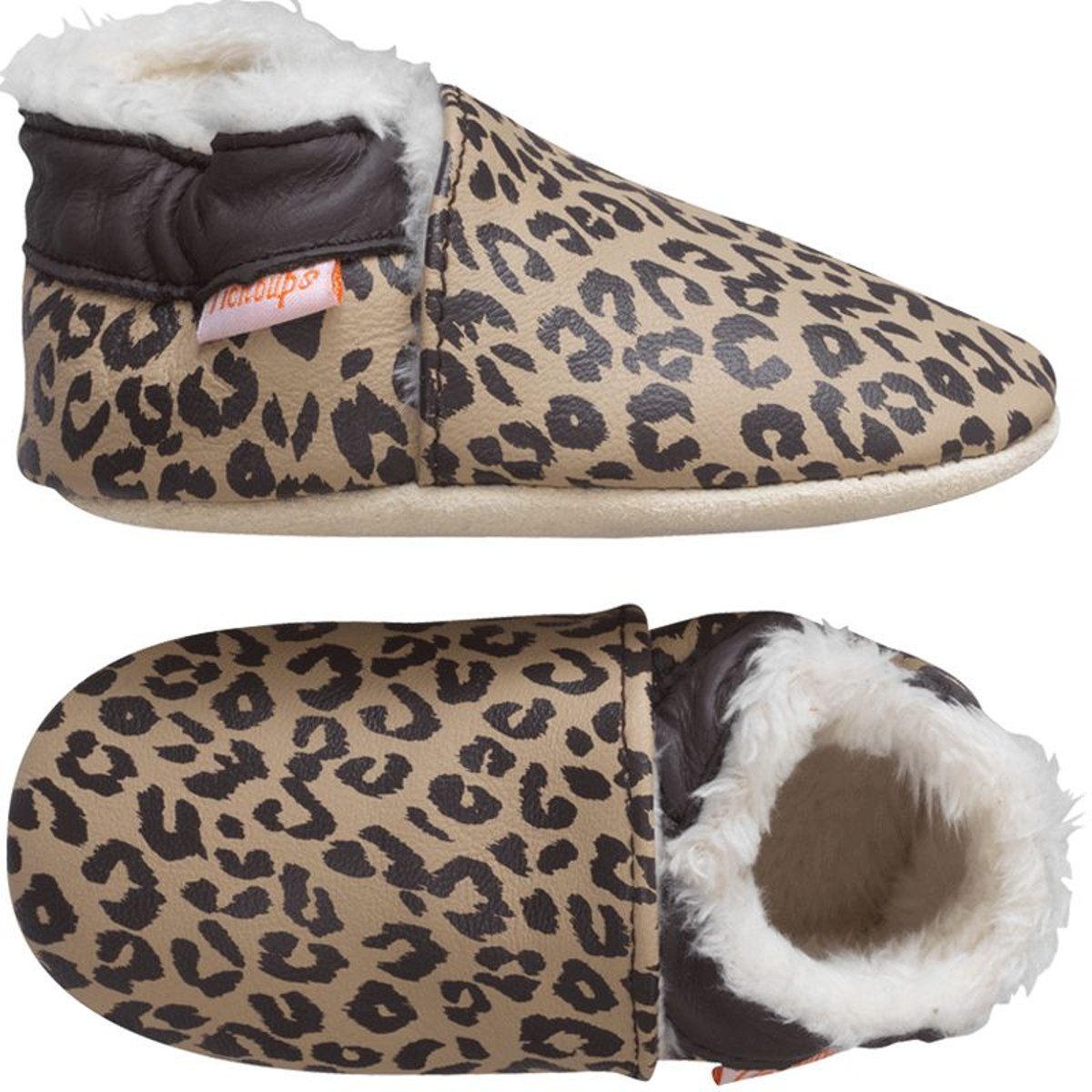 Chaussons cuir souple fourrés Elie les léopards marron, TICHOUPS