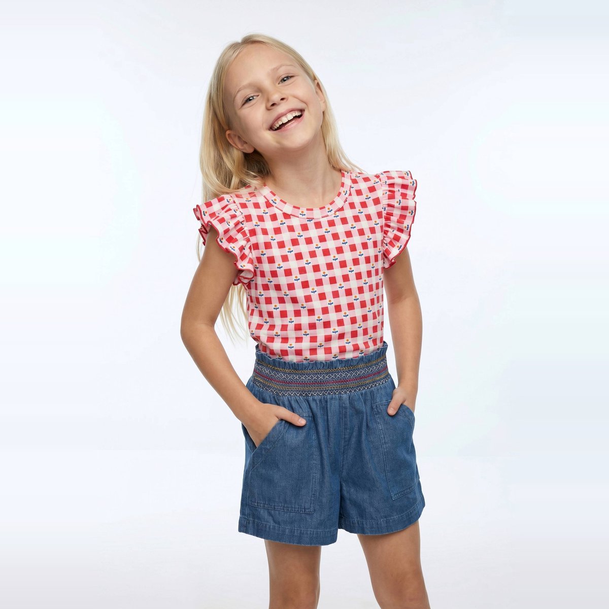 T-shirt manches volantes imprimé en coton rouge, MONOPRIX