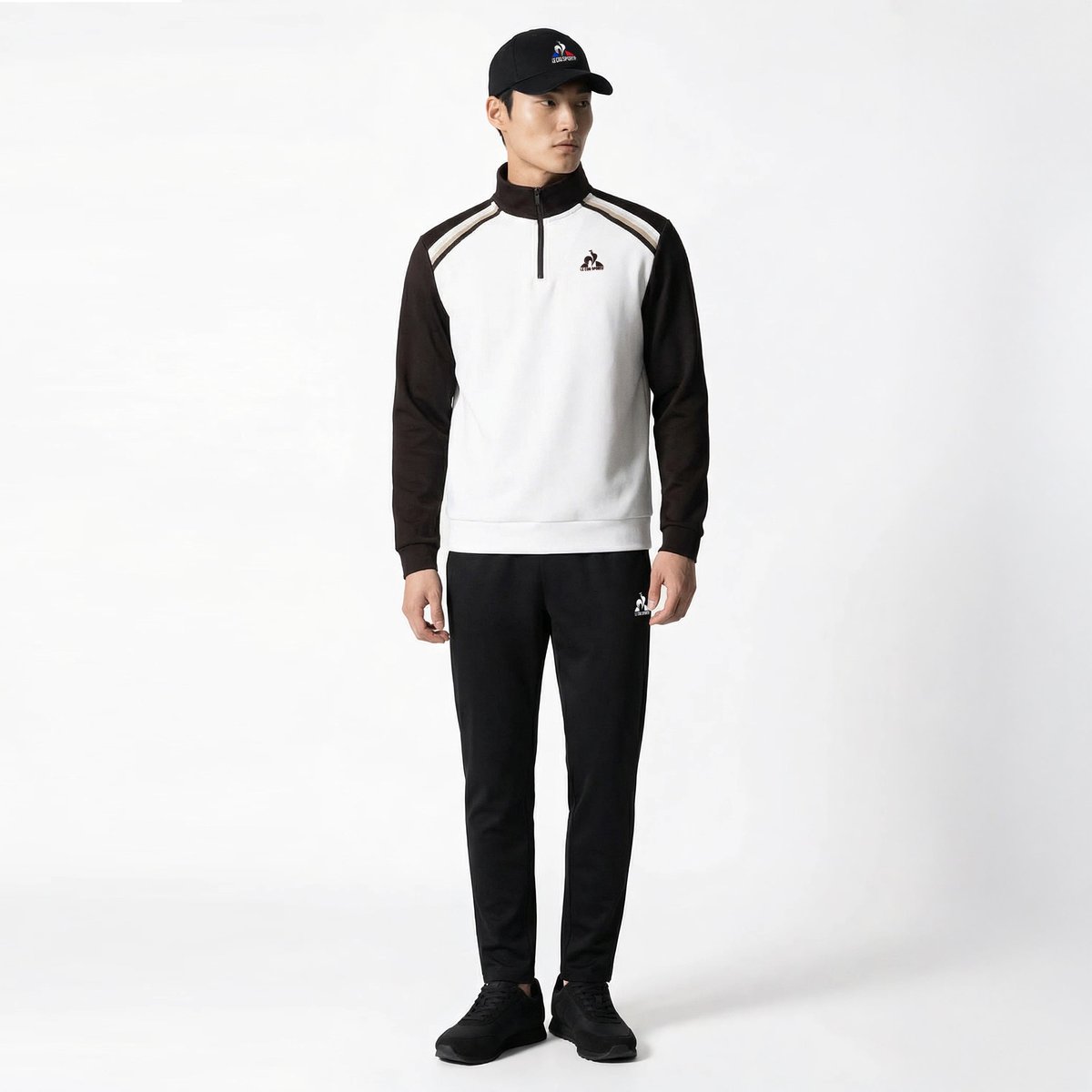 Sweat demi-zippé en double face avec bandes rayées épaules Heritage marron fonce, LE COQ SPORTIF