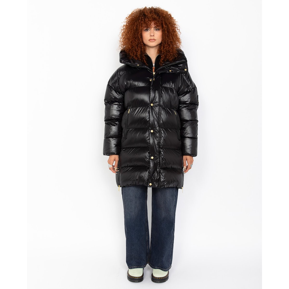 Doudoune longue oversize à capuche noir, SCHOTT