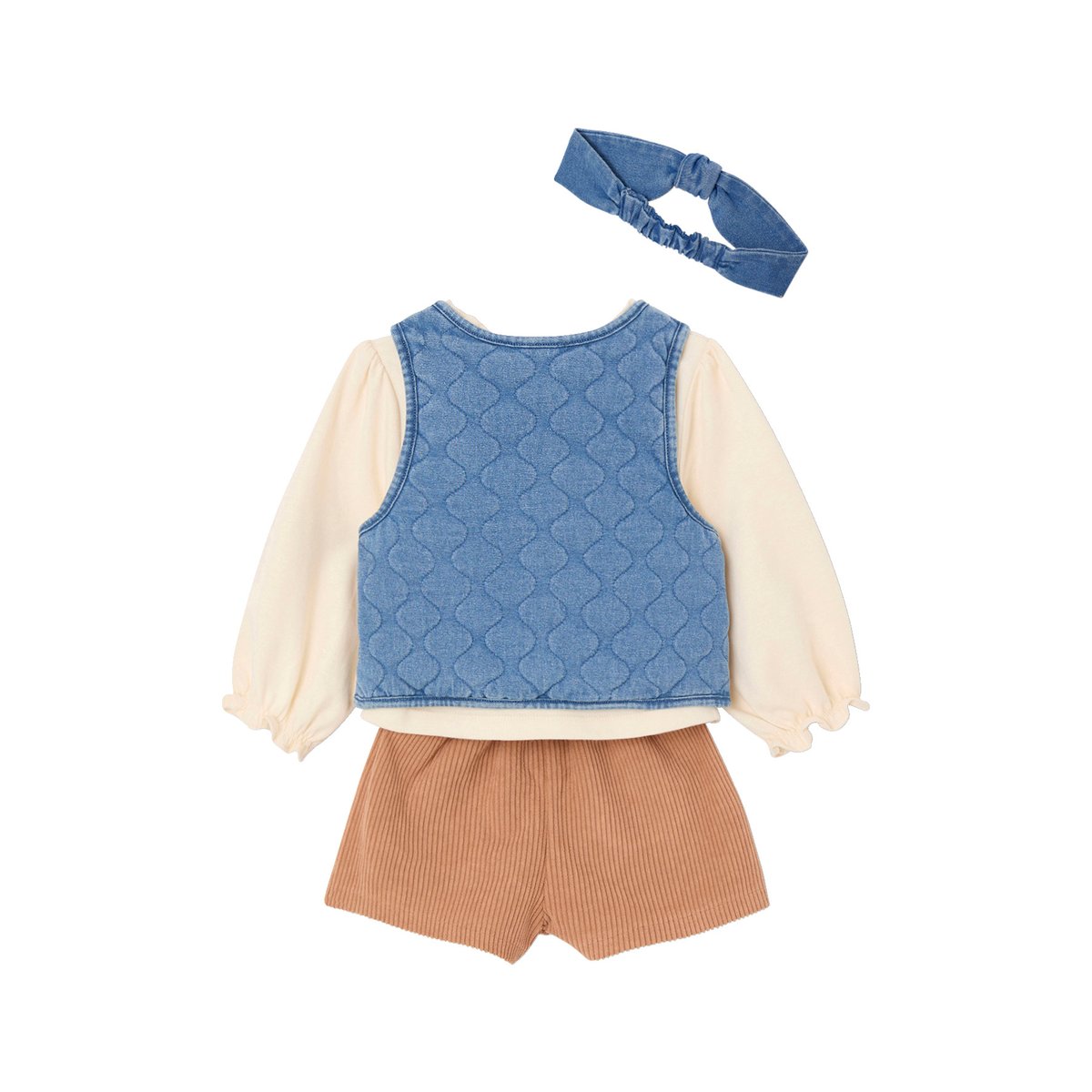 Ensemble bébé 4 pièces T-shirt + gilet + short + bandeau caramel, VERTBAUDET