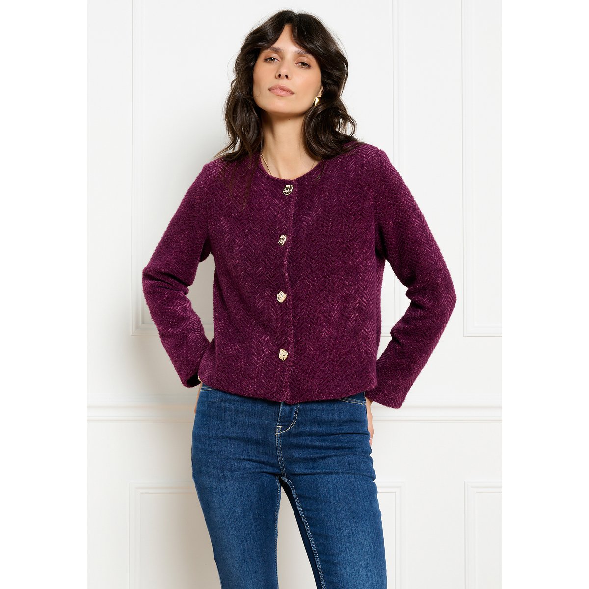 Veste maille douce aubergine, LOLALIZA