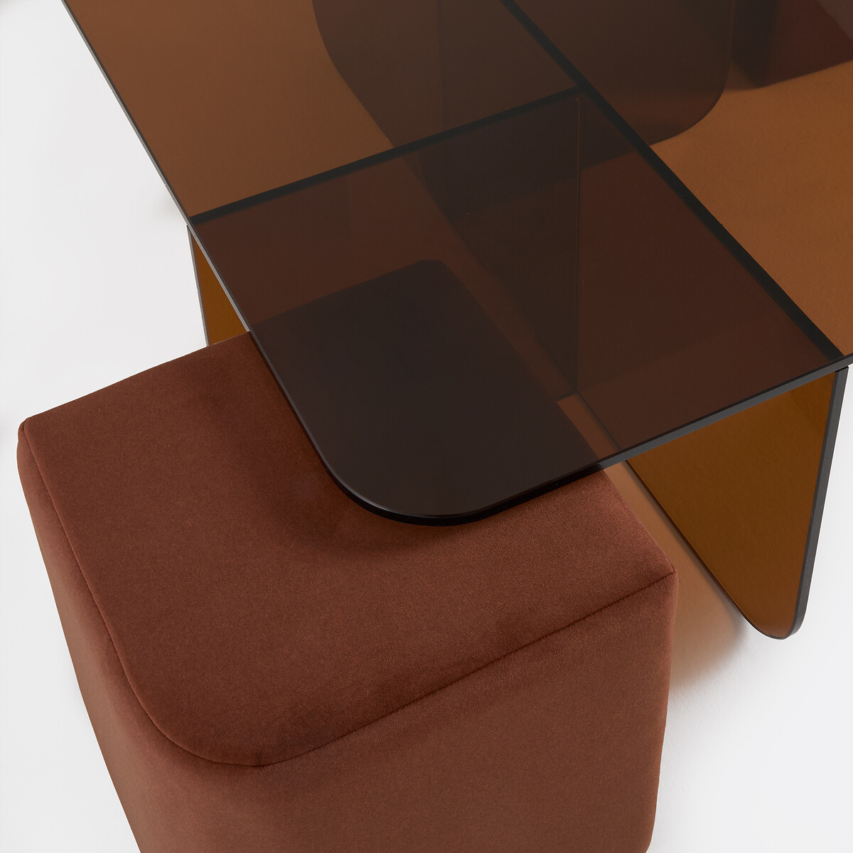 Table basse en verre trempé ambré, et ses 2 poufs en tissu, DELLA terracotta, LA REDOUTE INTERIEURS