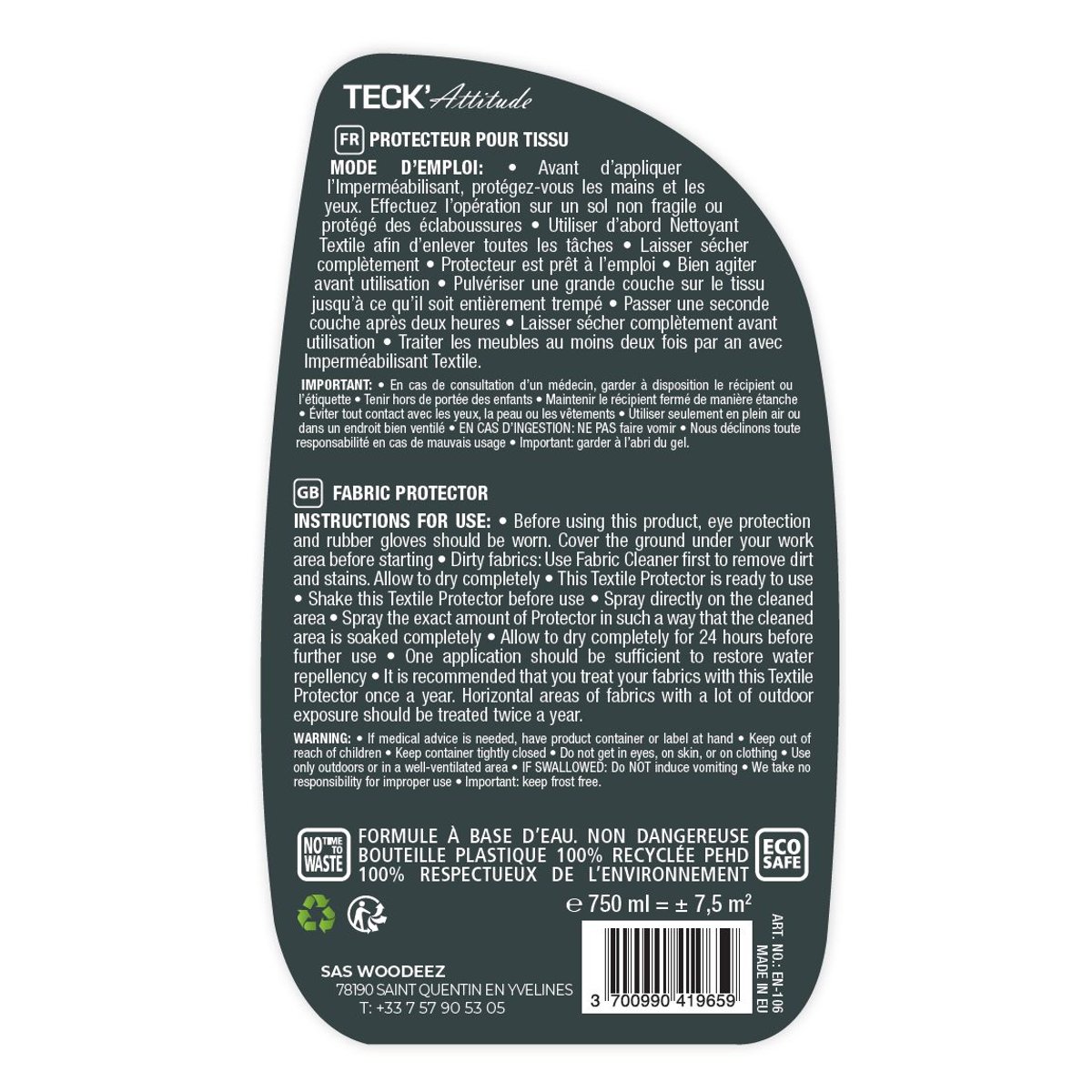 Protecteur pour tissus 750 ml couleur unique, TECK ATTITUDE