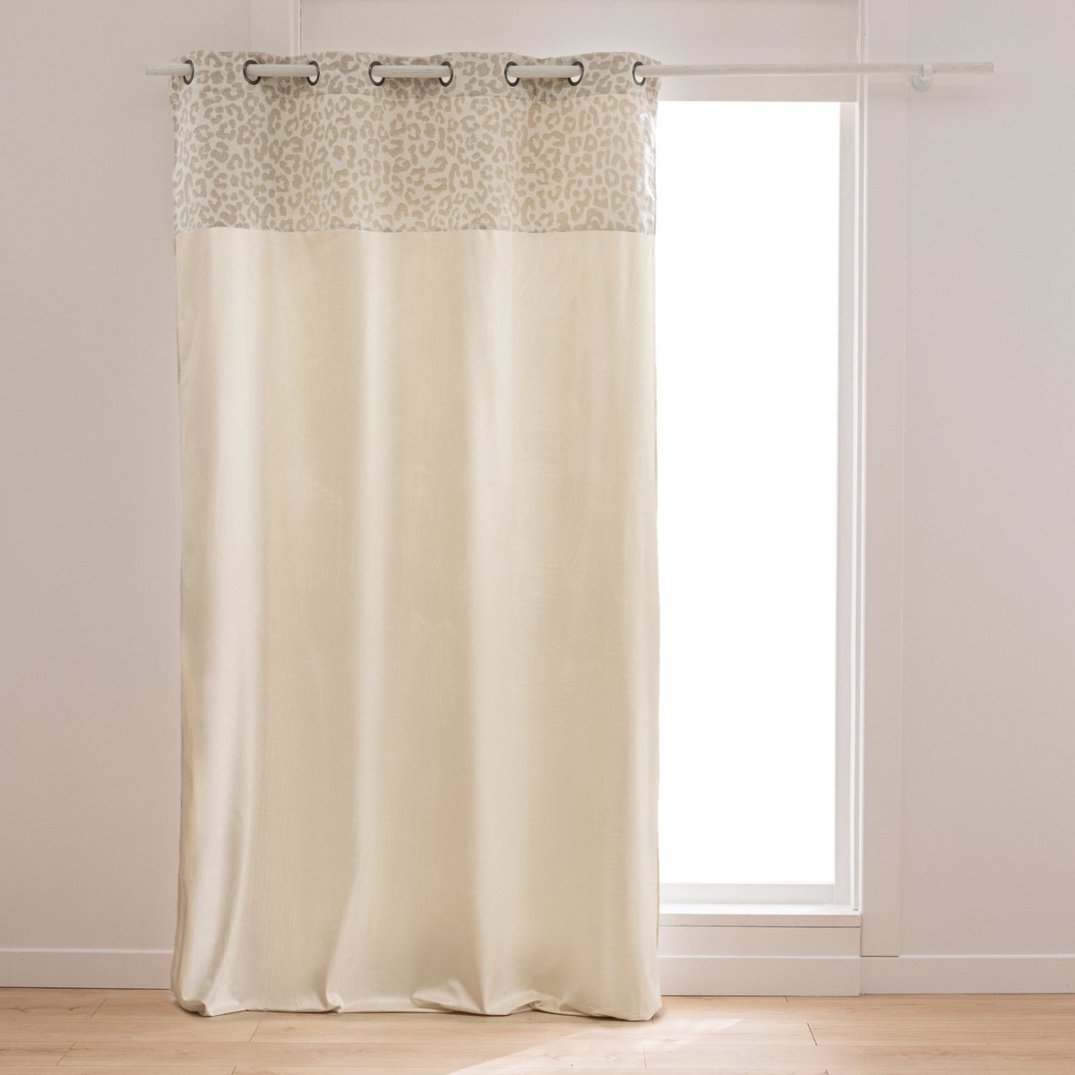 Rideau tamisant en polycoton avec bandeau jacquard chenille léopard naturel, DOUCEUR D'INTÉRIEUR