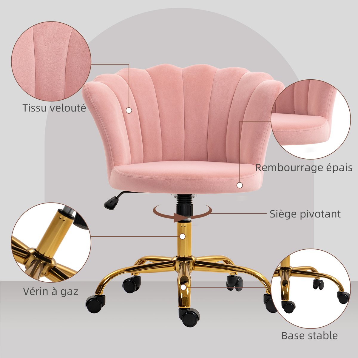 Chaise de bureau Velours (100% polyester) rose, HOMCOM