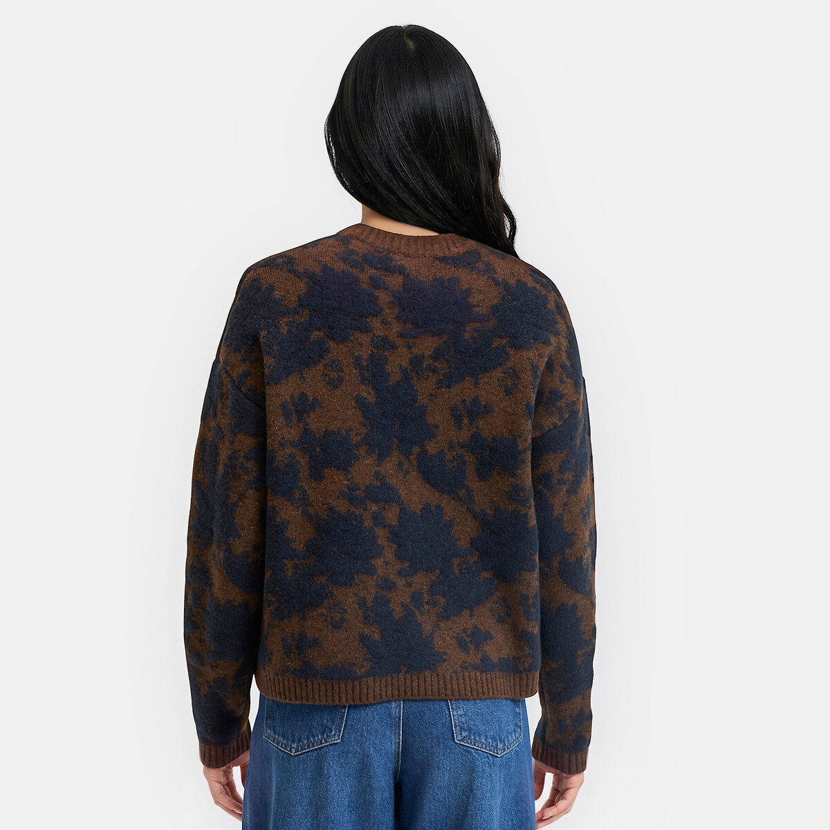 Pull col rond, en jacquard floral marron foncé/imprimé, LA REDOUTE COLLECTIONS