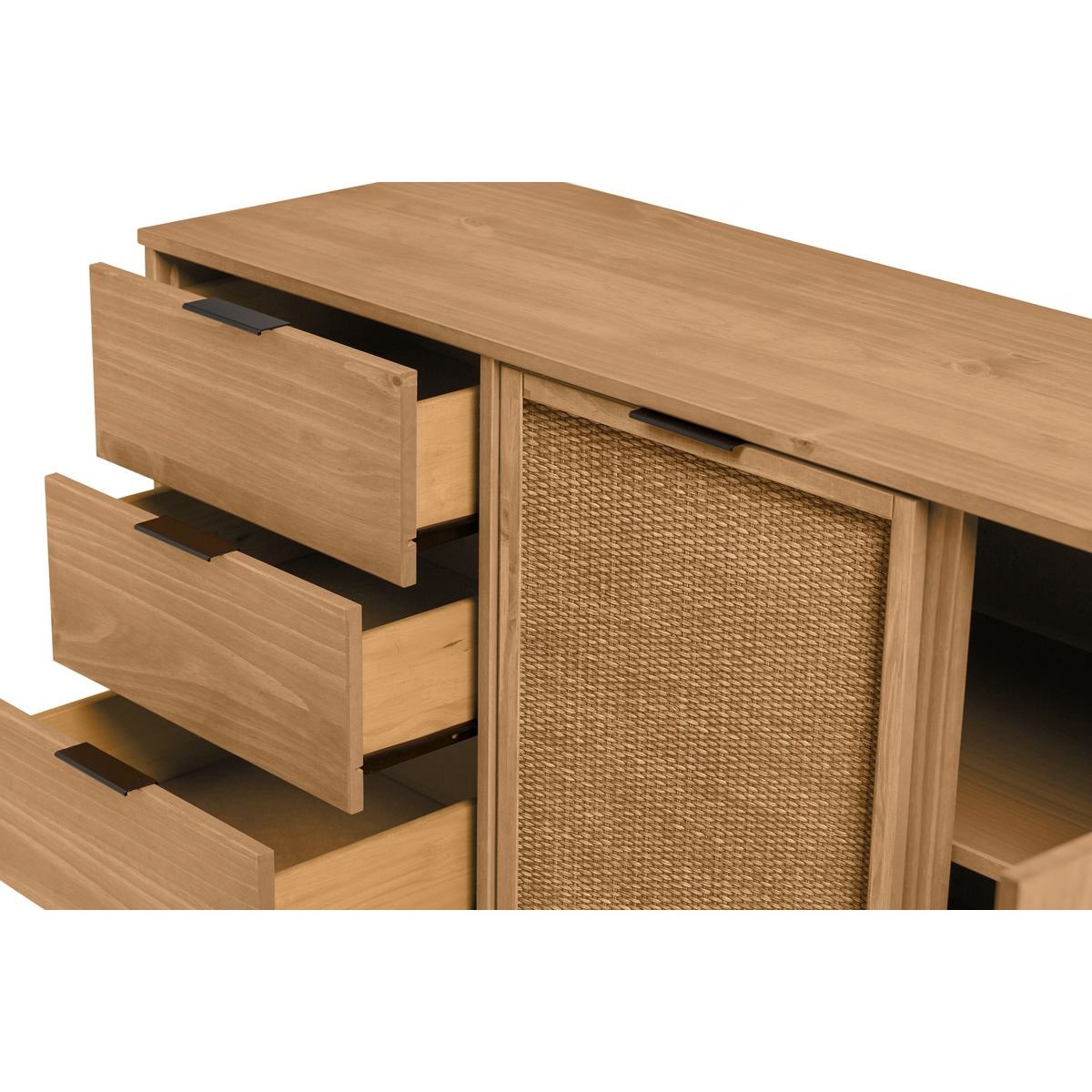Buffet bas en bois massif 2 portes 3 tiroirs 130 cm, ALBI marron clair, BOBOCHIC