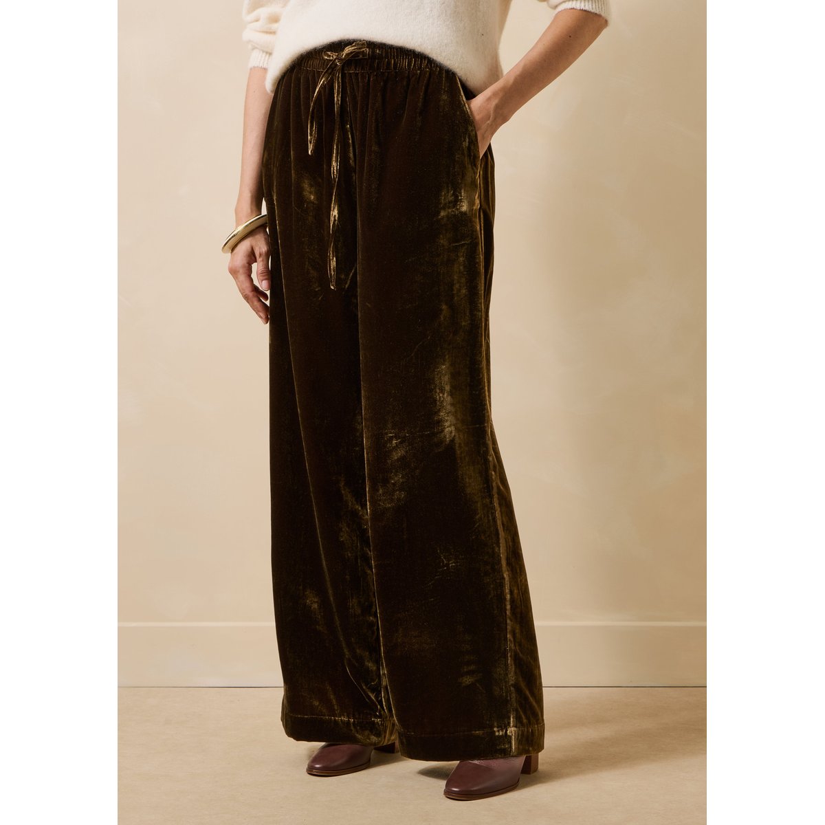 Pantalon large en velours lisse marron glace, LA FEE MARABOUTEE