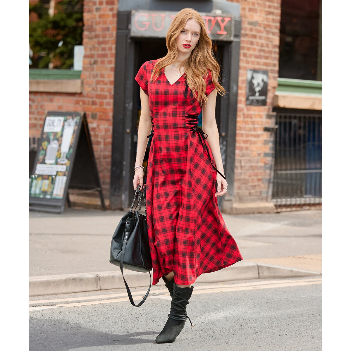 Robe Longue à Carreaux Lacée sur les Côtés Trixie rouge, JOE BROWNS