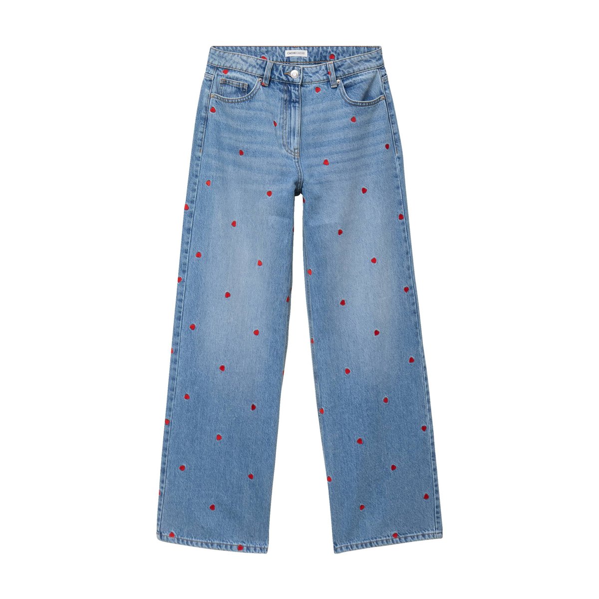 Jean wide leg taille haute brodé denim double stone, CACHE CACHE