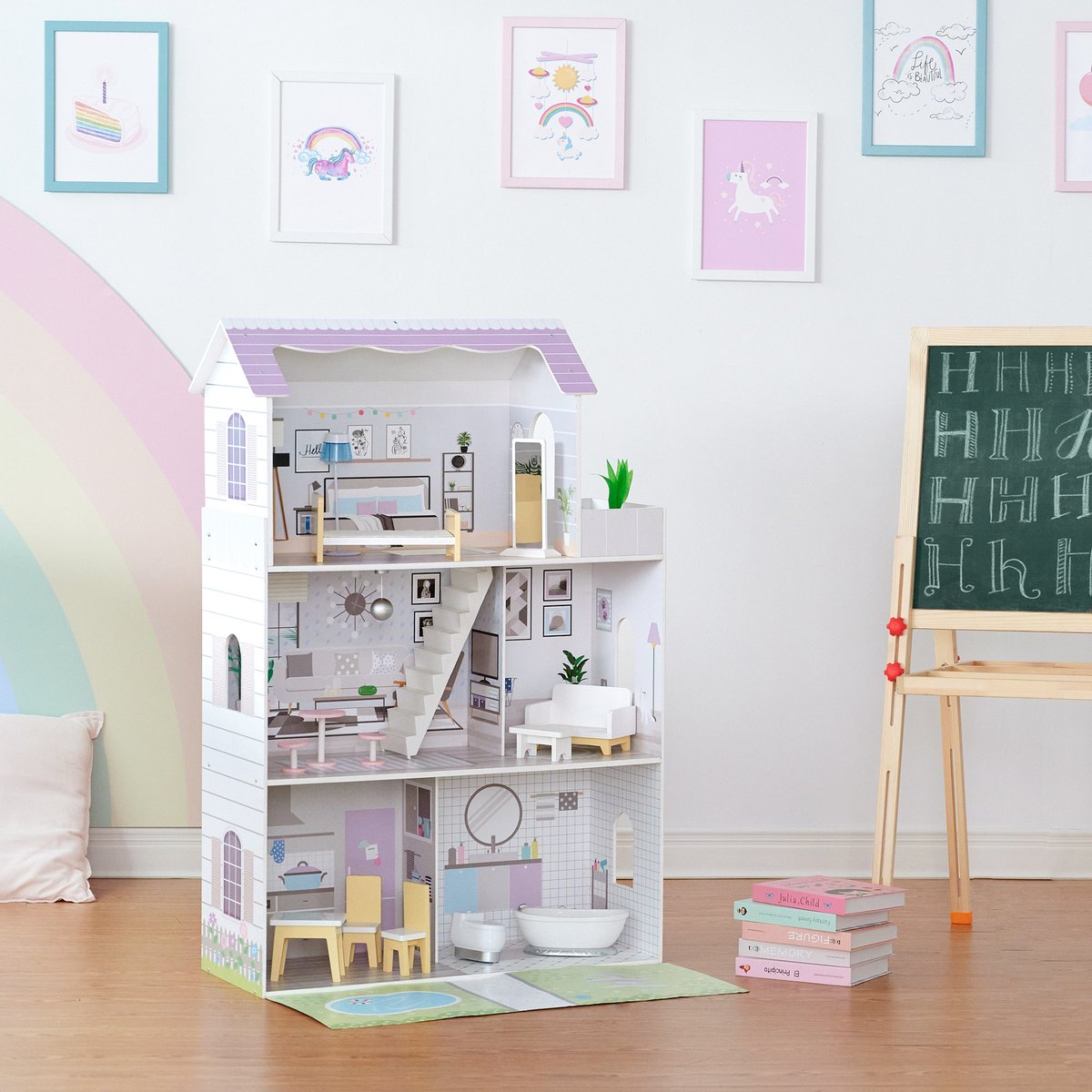 Maison Poupée 3 étages avec 16 accessoires, Bois, DREAMLAND blanc, TEAMSON KIDS