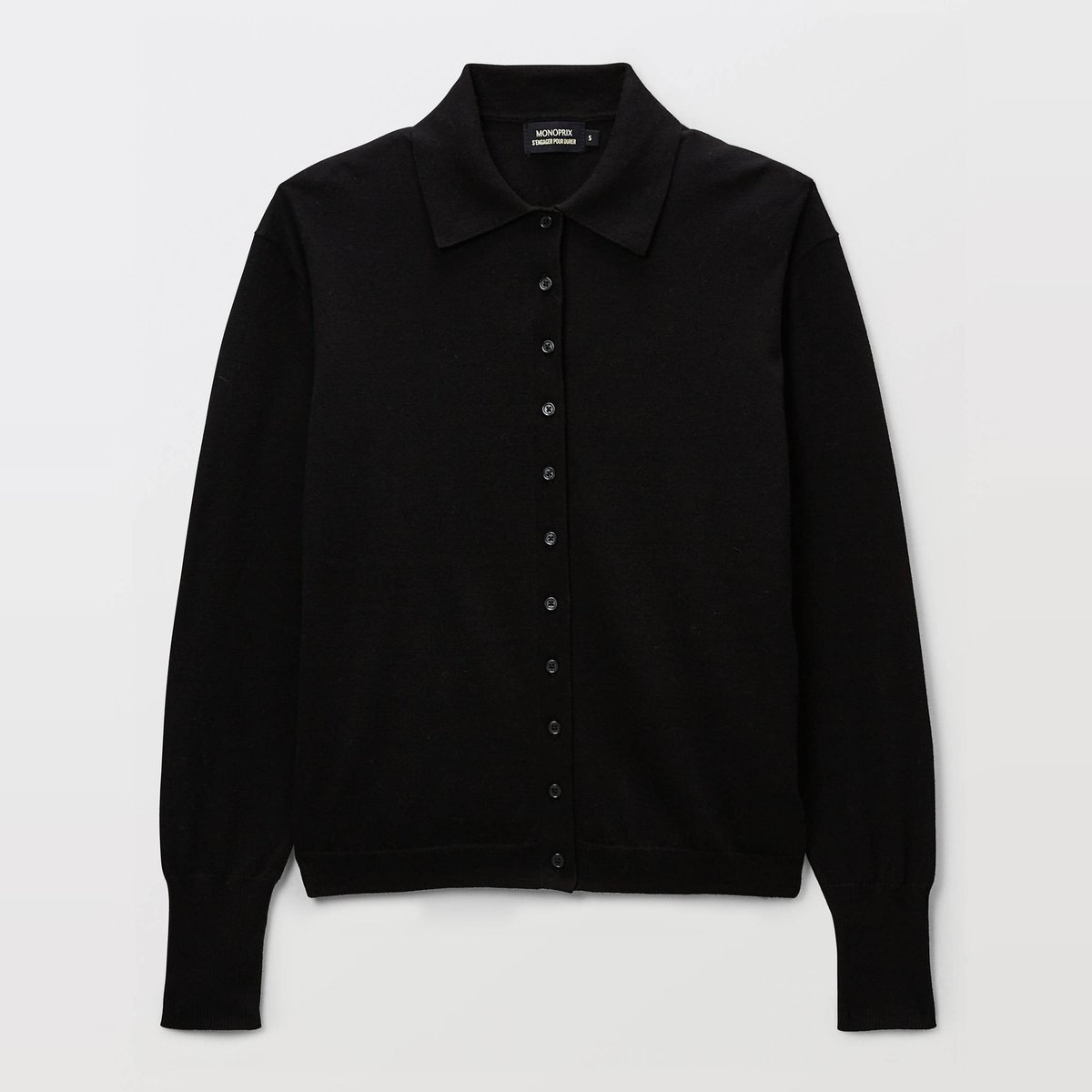 Cardigan à manches longues col polo noir, MONOPRIX