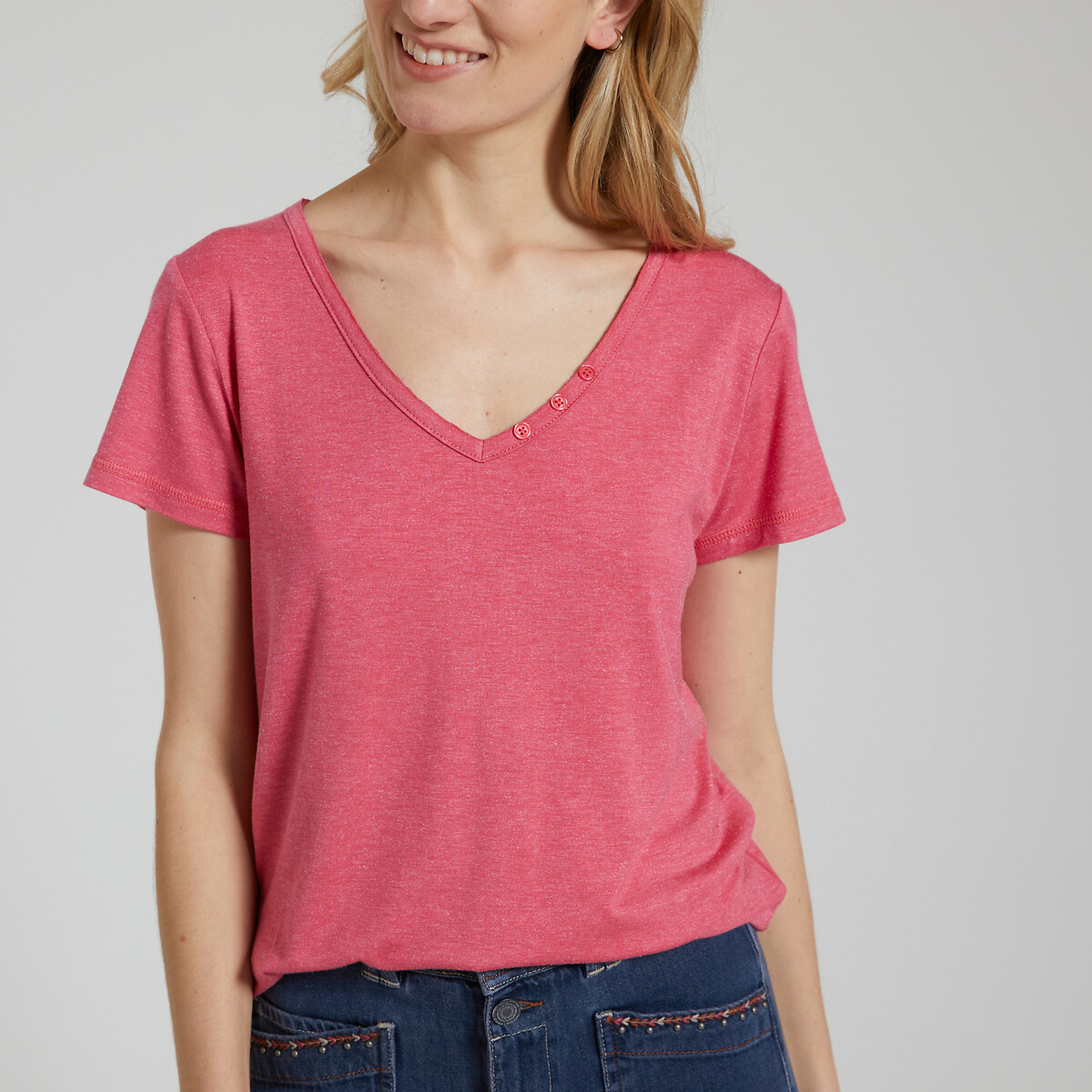 T-shirt encolure v manches courtes, logo au dos rose, FREEMAN T. PORTER