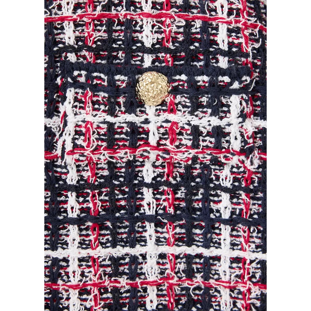 Veste en tweed à carreaux avec franges bleu marine, MANGO