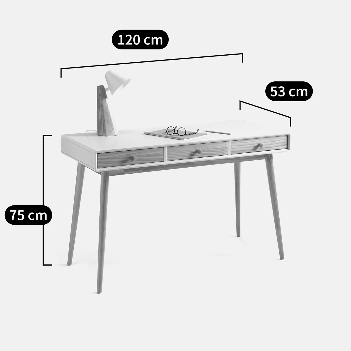 Bureau 3 tiroirs, JIMI blanc/bois, LA REDOUTE INTERIEURS