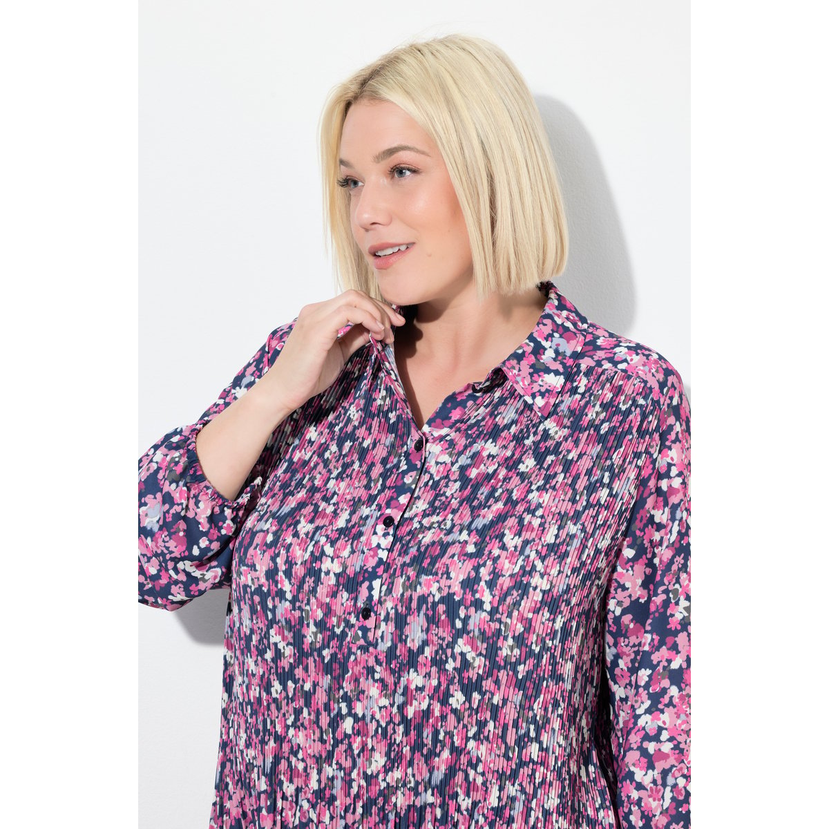 Chemisier plissé à fleurs, coupe évasée rose clair, ULLA POPKEN