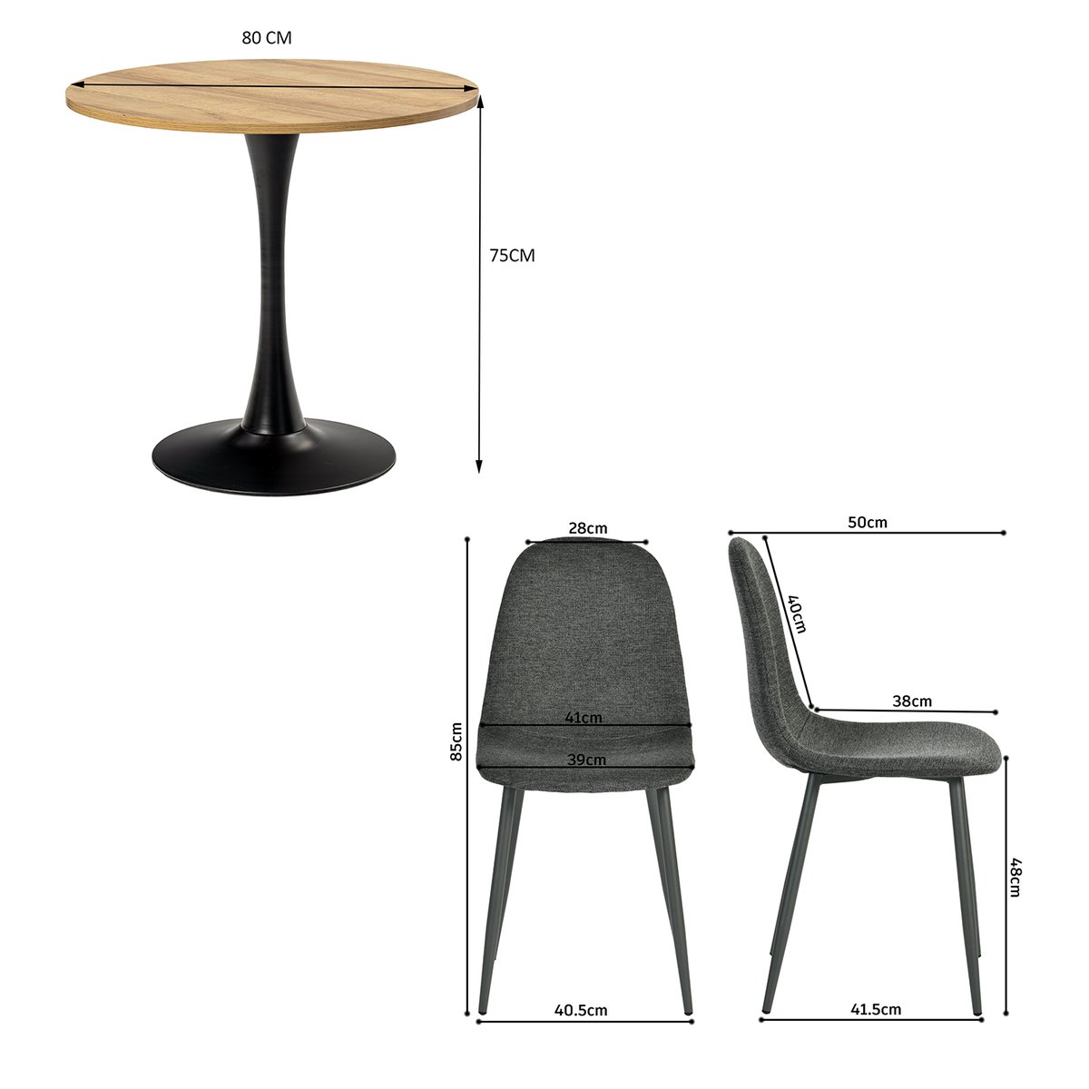 Ensemble de table à manger ronde avec 4 chaises, CLIFTOCHARLTON gris foncé, MEUBLES COSY