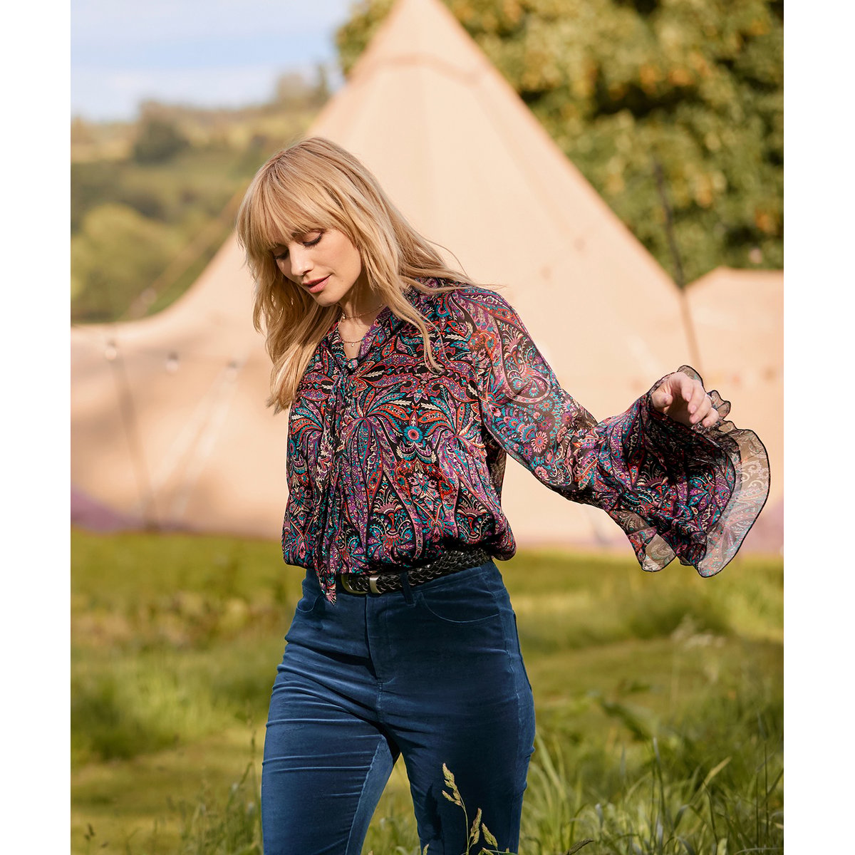 Blouse Bobo à Col Noué Imprimée et Manches à Volants multicolore, JOE BROWNS