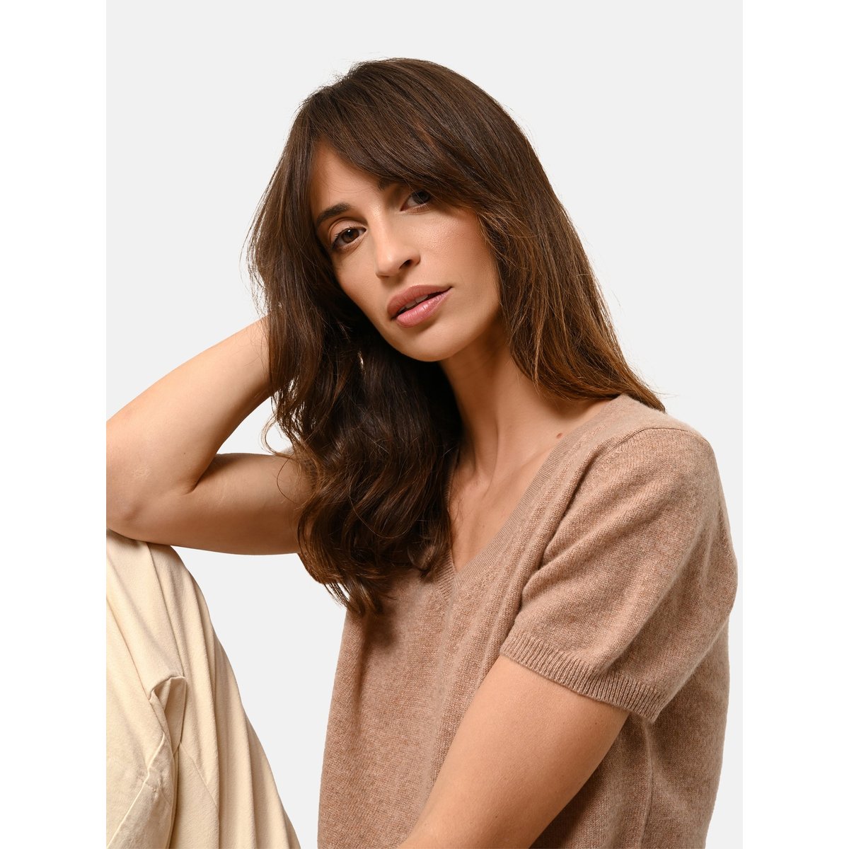 T-Shirt Col V Camel Chiné Glamis camel chiné, JUST CASHMERE