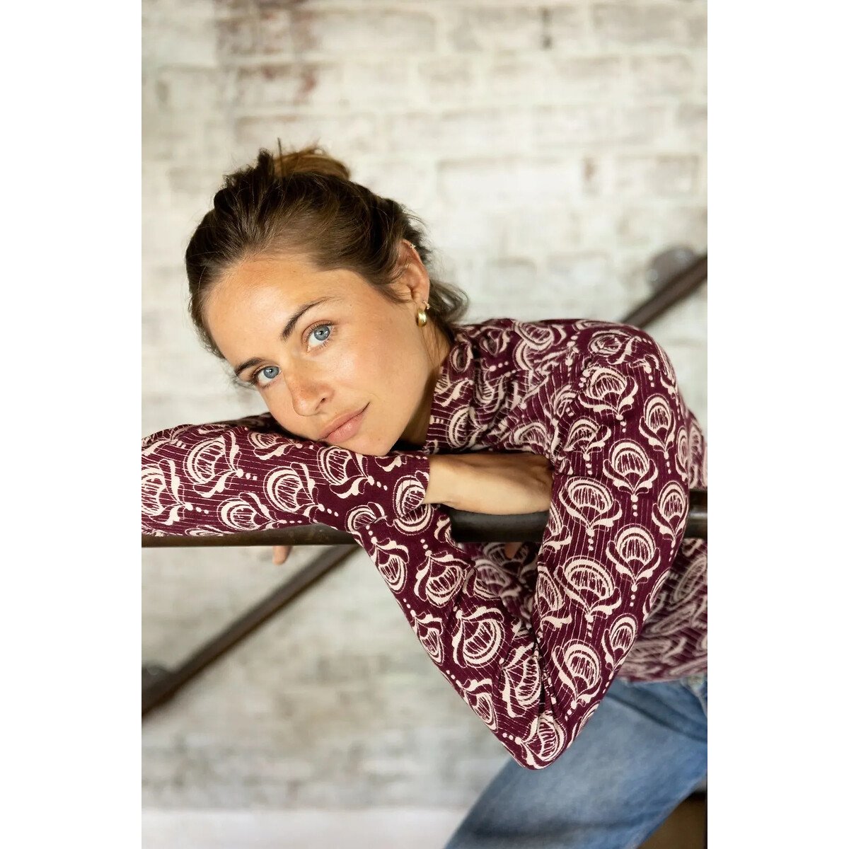 Savera Printed Long Sleeve Turtleneck T-Shirt printed burgundy, APACHES COLLECTIONS
