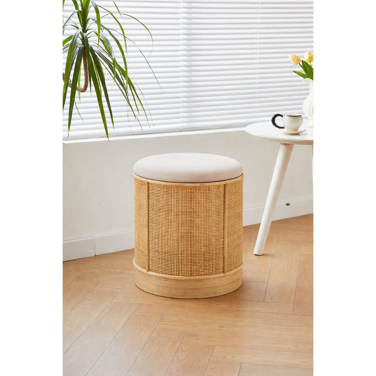 Pouf velours et rotin, CHUO beige, NORDLYS