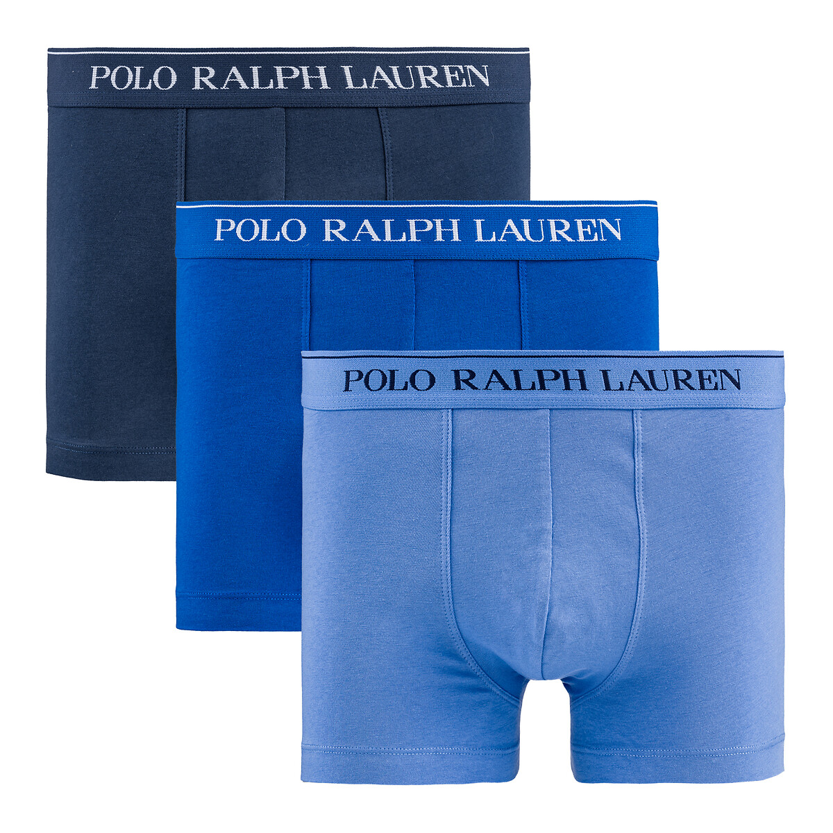 Lot de 3 slips-boxers en coton stretch bleu + bleu clair + bleu marine, POLO RALPH LAUREN