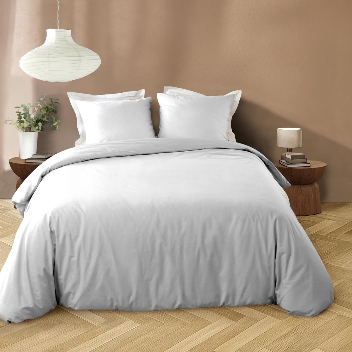Parure de lit 3 pièces en microfibre unie lavée housse + taies blanc, DOUCEUR D'INTÉRIEUR