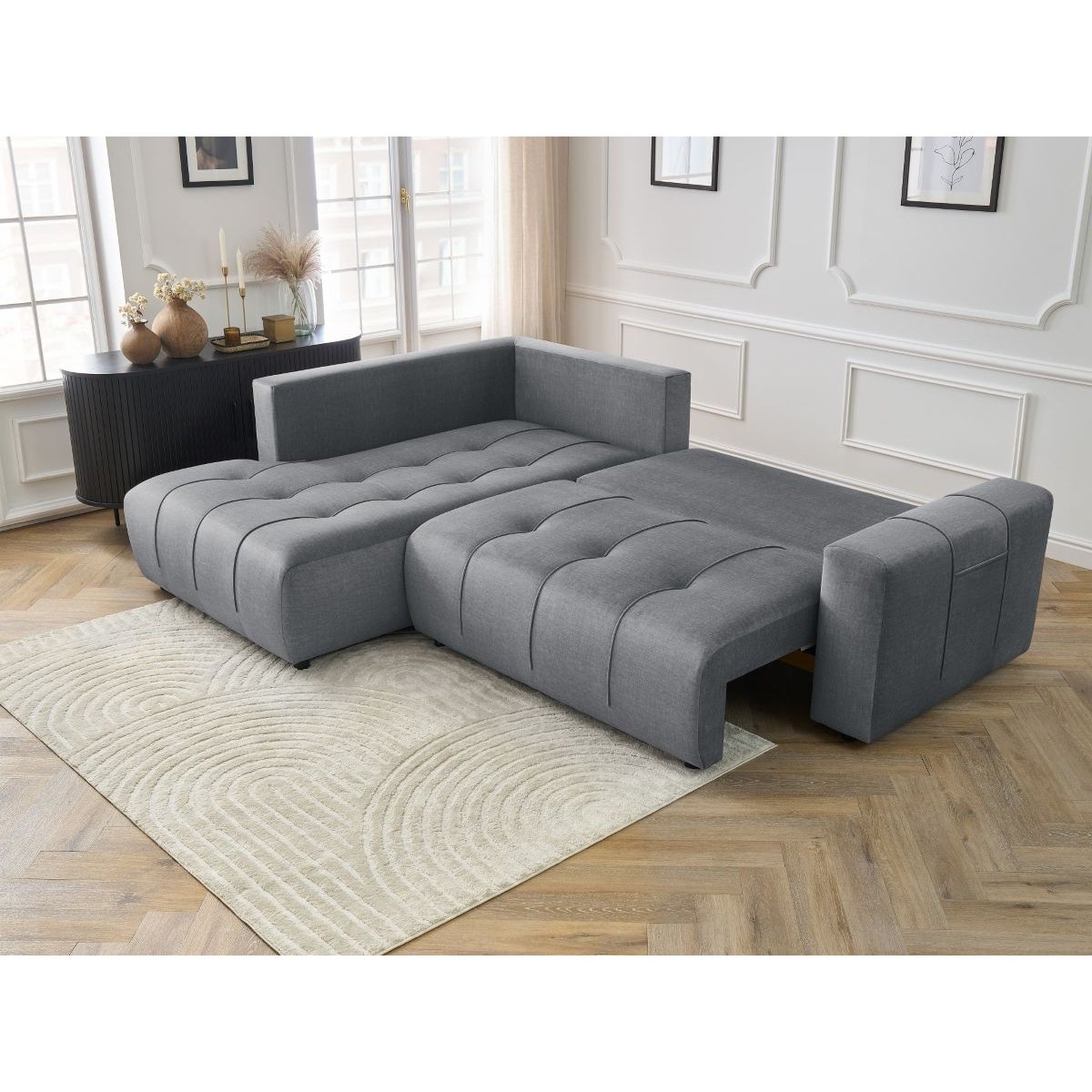 Canapé d'angle convertible 3 places en velours, ARSENE gris foncé, BOBOCHIC