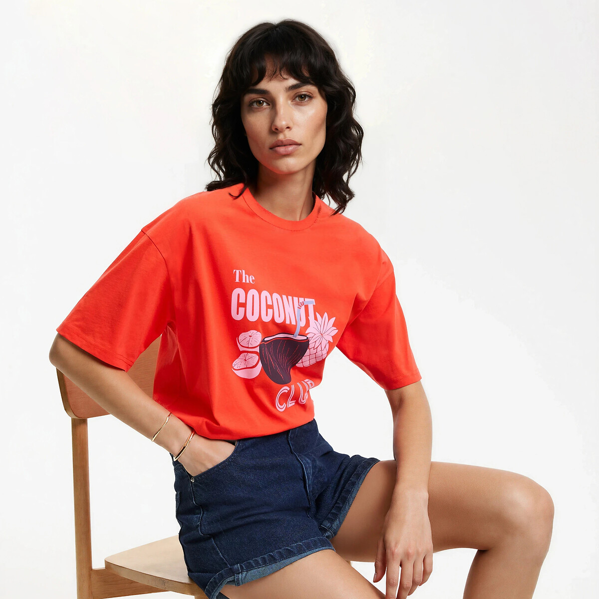 T-shirt col rond manches courtes imprimé rose, LA REDOUTE COLLECTIONS