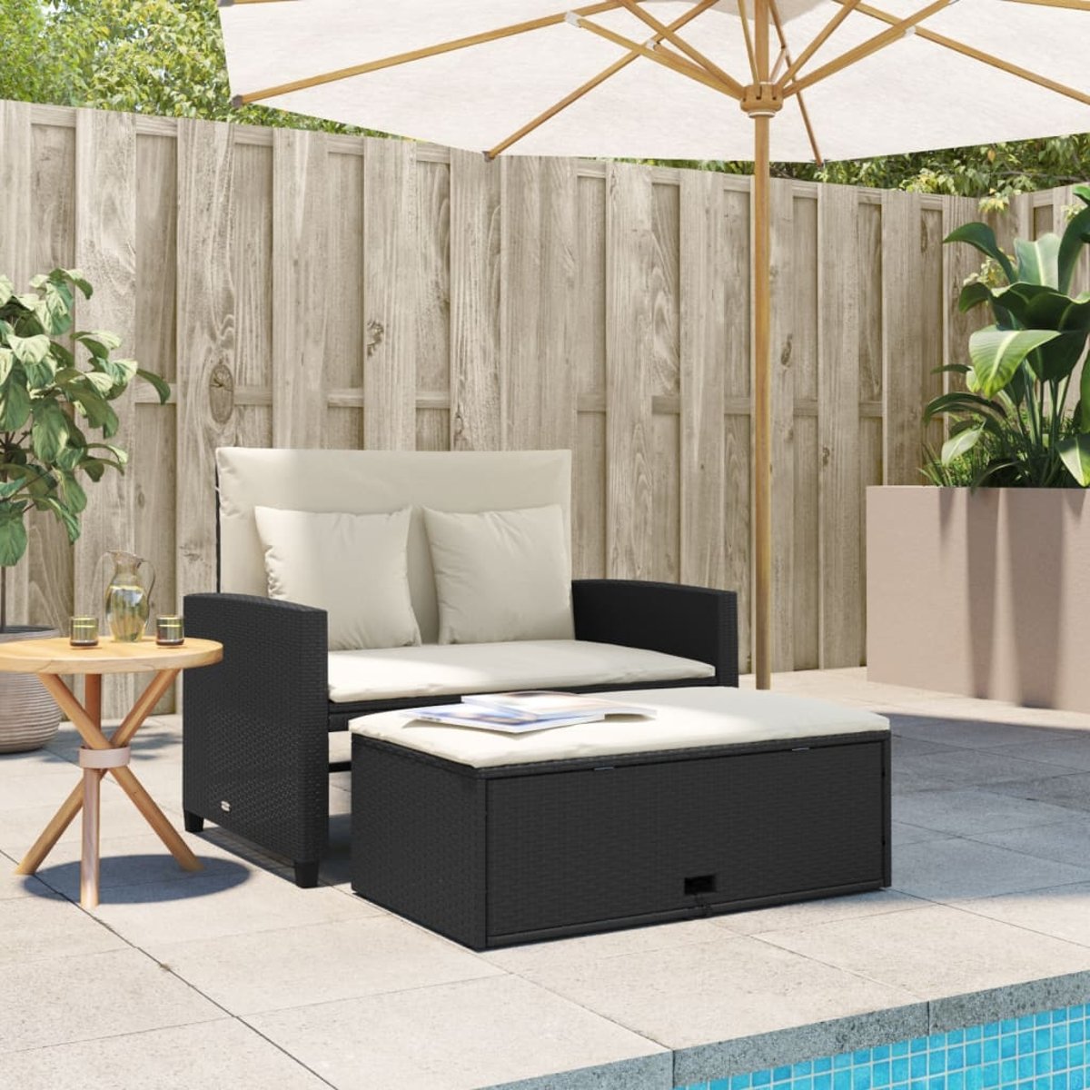 Canapé de jardin avec coussins 2 places noir résine tressée noir, HOME MAISON