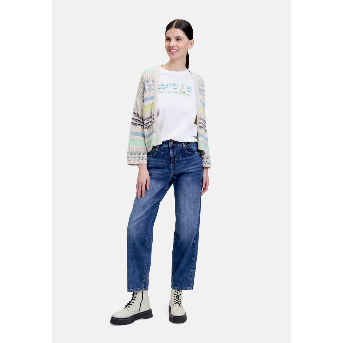 Cardigan en maille à motif colour blocking beige/bleu, CARTOON
