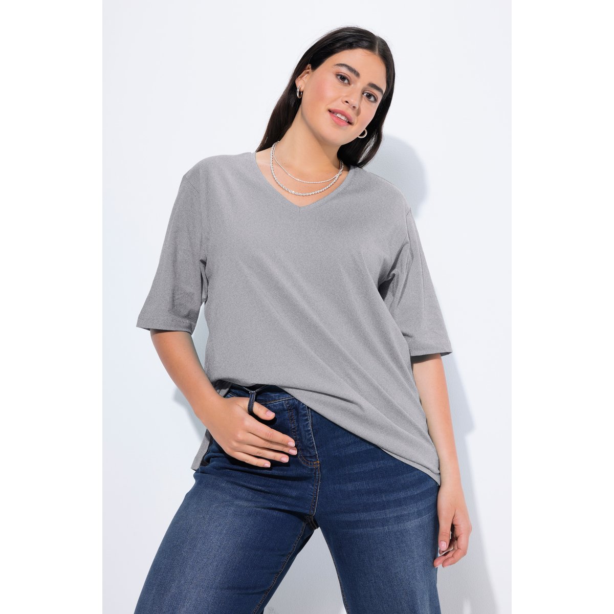 T-shirt à manches courtes et col V gris clair chiné, ULLA POPKEN