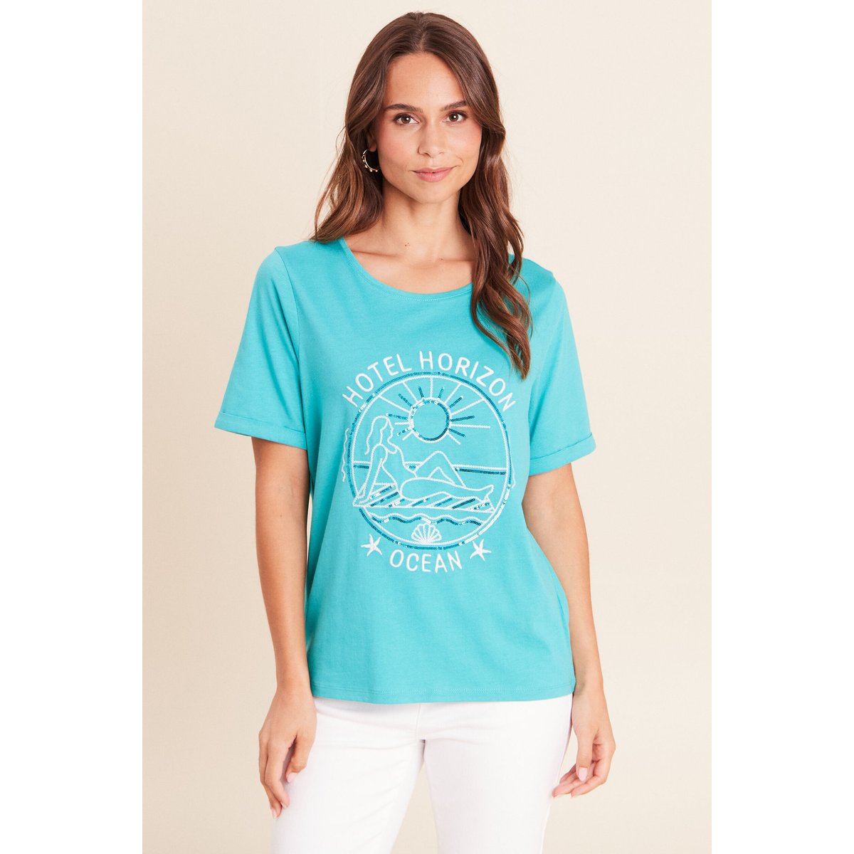 T-shirt col rond manches courtes brodé vert turquoise, BREAL