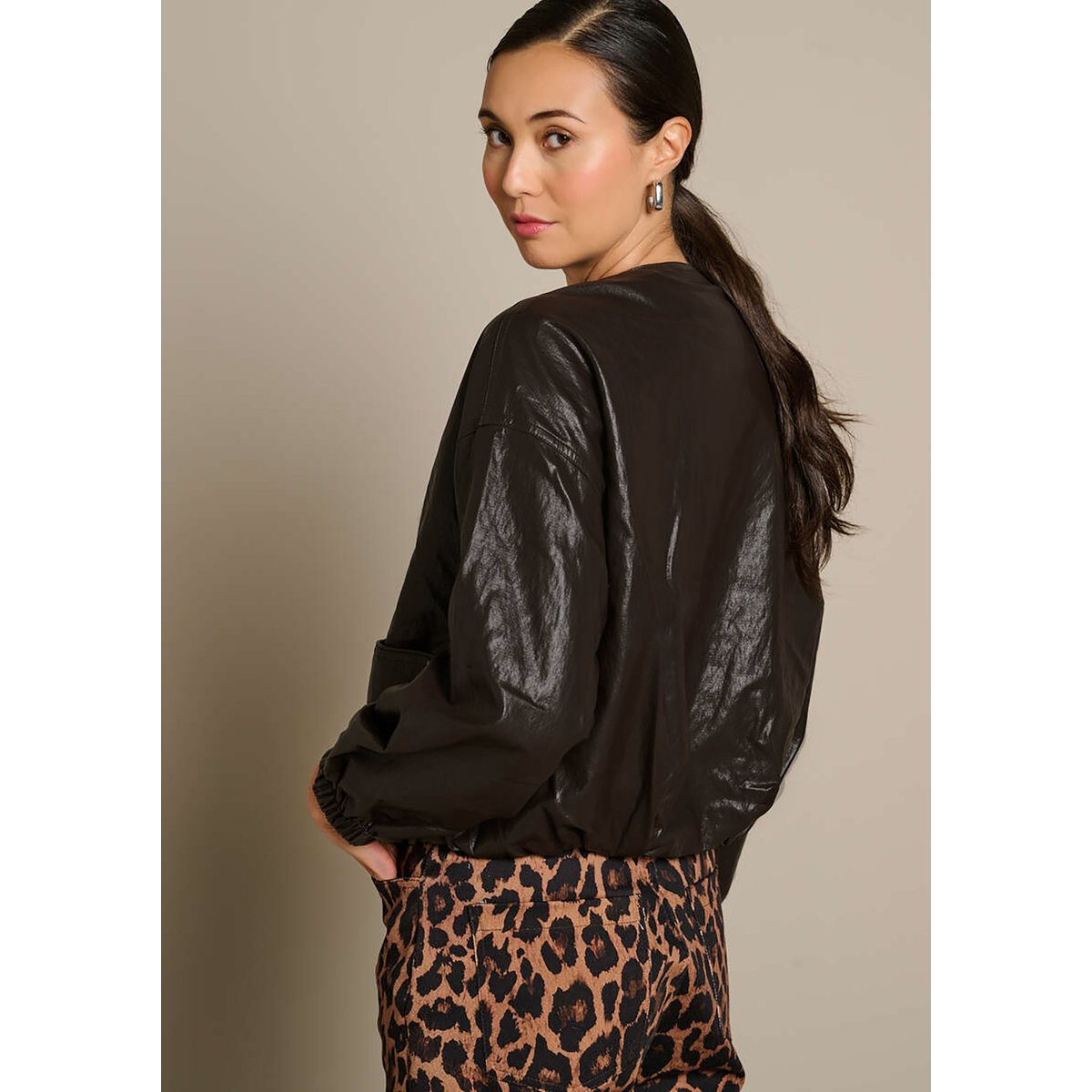 Bomber effet cuir zippé brun fonce chocolate, LOLALIZA