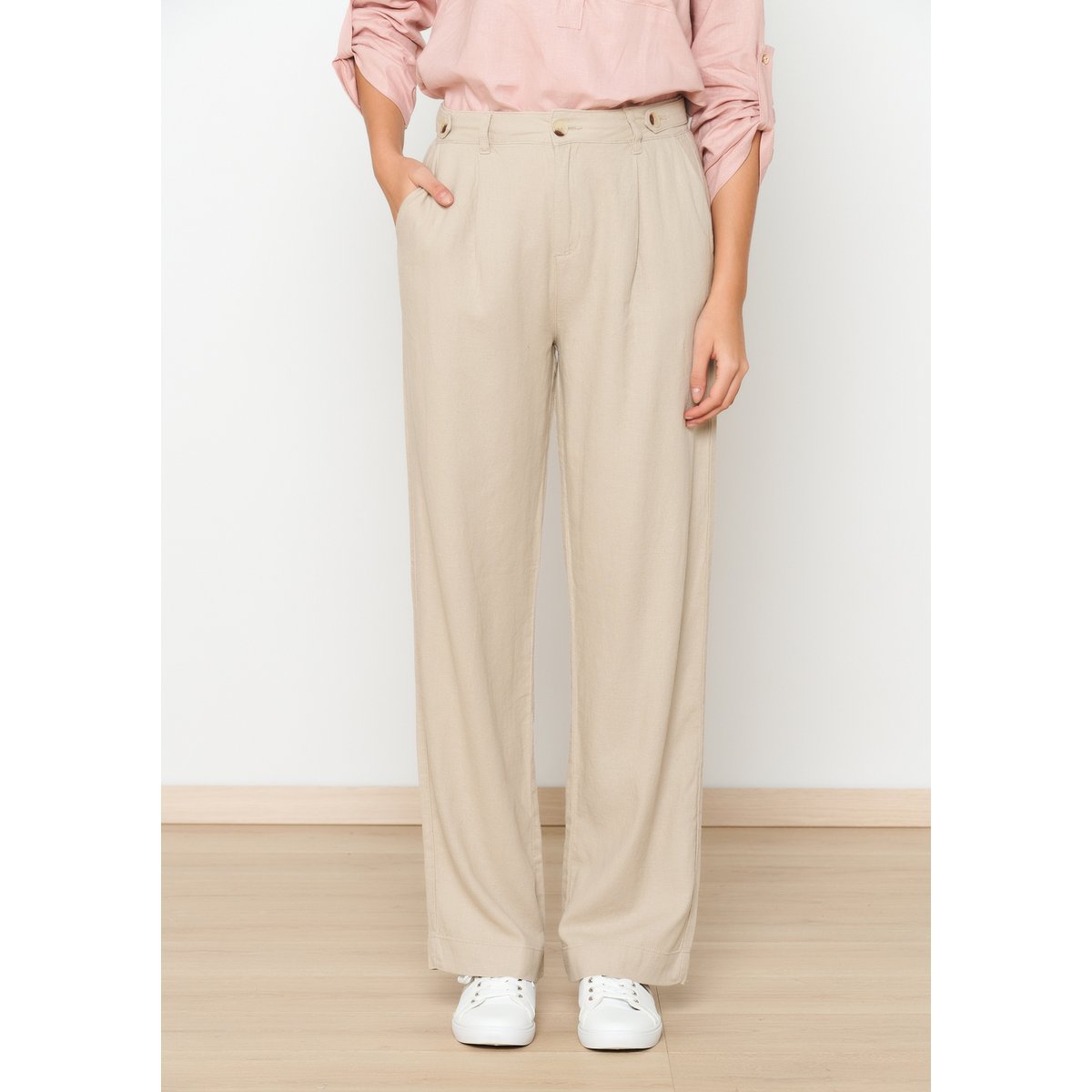 Pantalon de tailleur en lin taupe, LOLALIZA