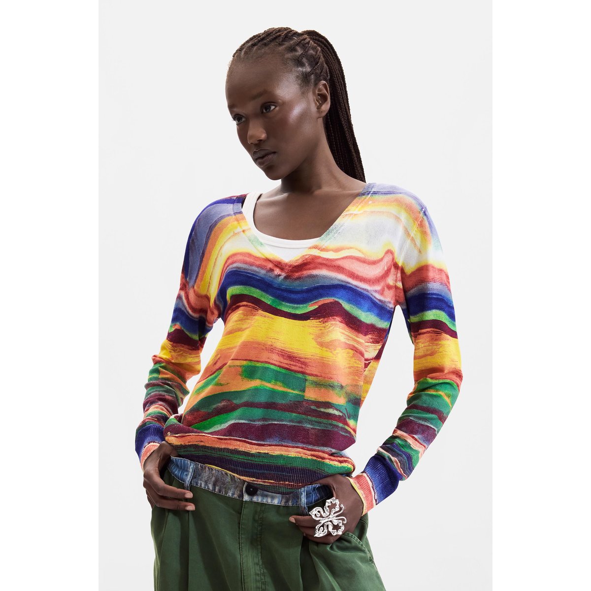 Pull fin en maille imprimé jaune, DESIGUAL