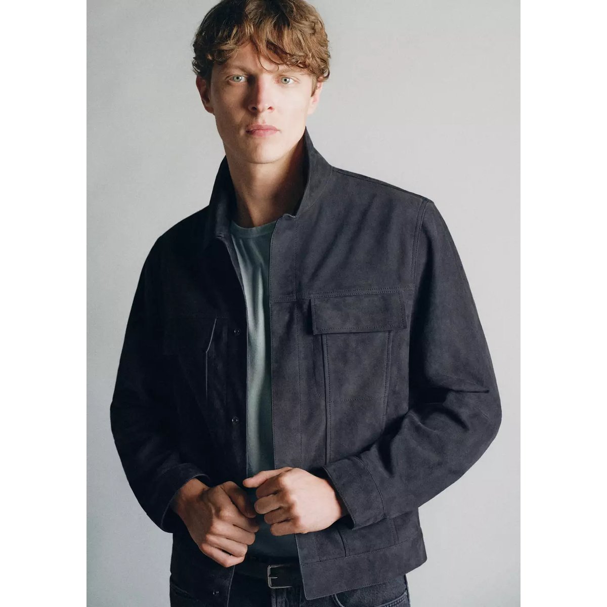 Blouson 100 % cuir daim poches bleu indigo, MANGO MAN