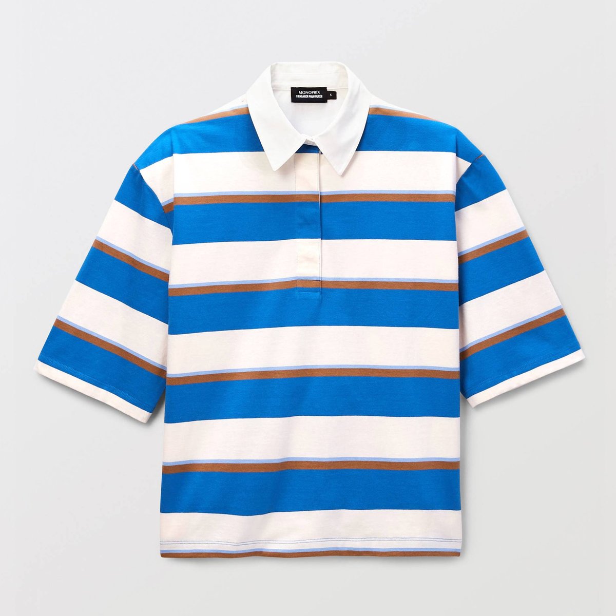 Polo à manches courtes rayures rugby en coton BIO GOTS porcelaine, MONOPRIX