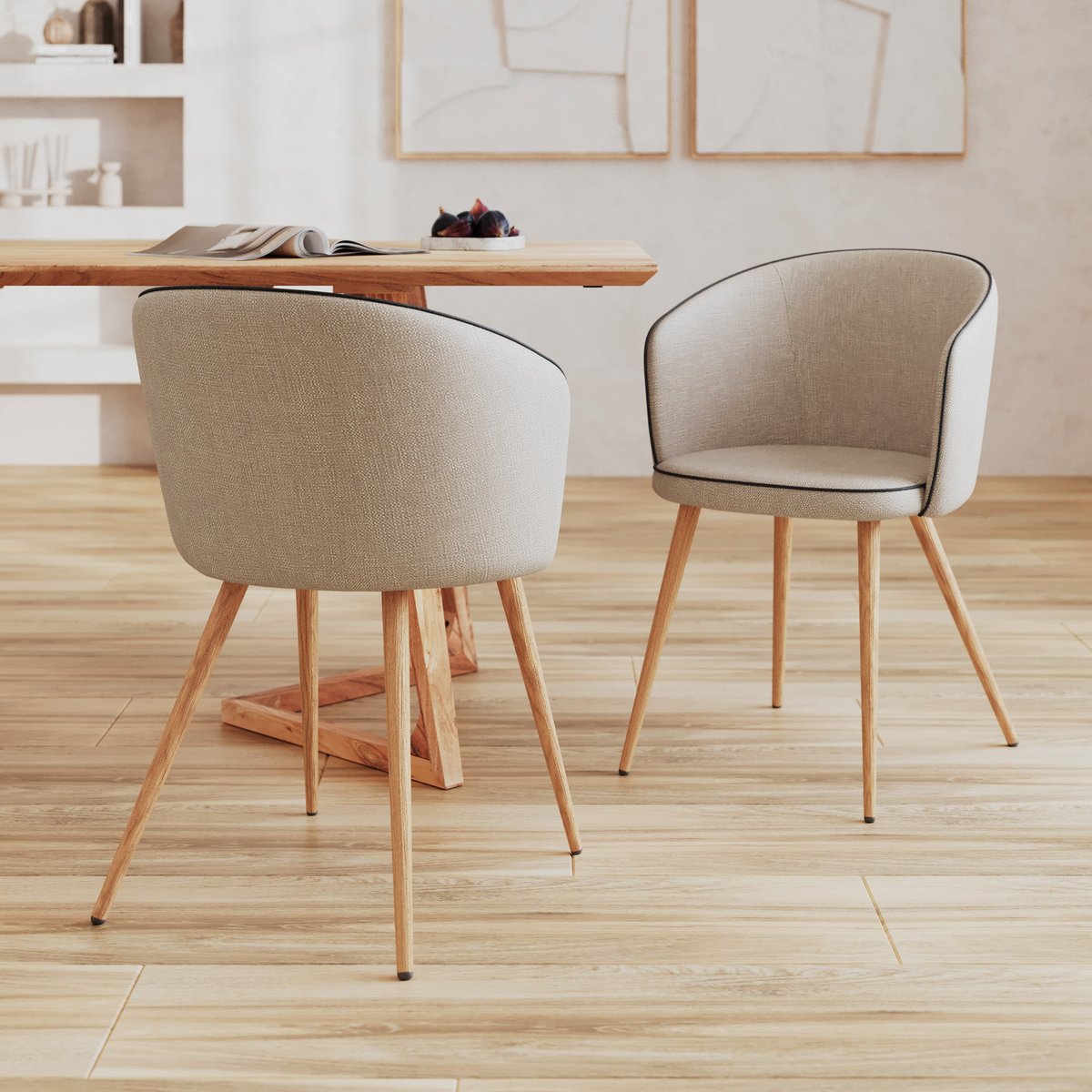 Lot de 2 chaises en tissu et pieds en métal - CHIARA beige, pieds bois clair, MAISON PAVANE