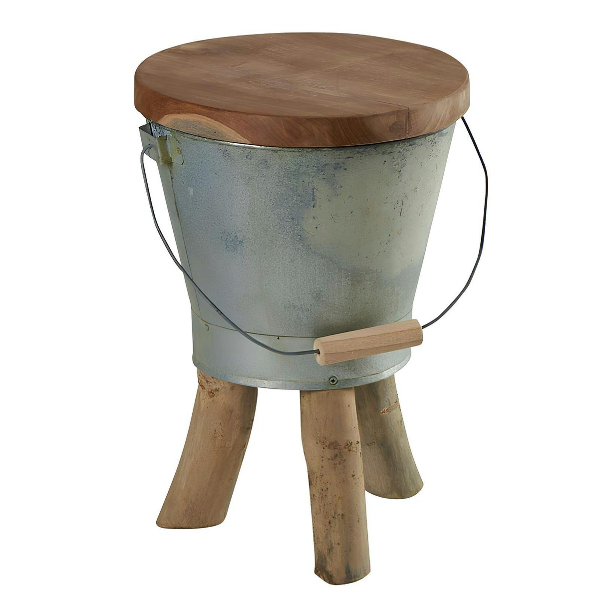 Tabouret "Seau" avec anse en teck massif naturel et zinc D31cmxH45cm TOWN bois naturel, PIER IMPORT