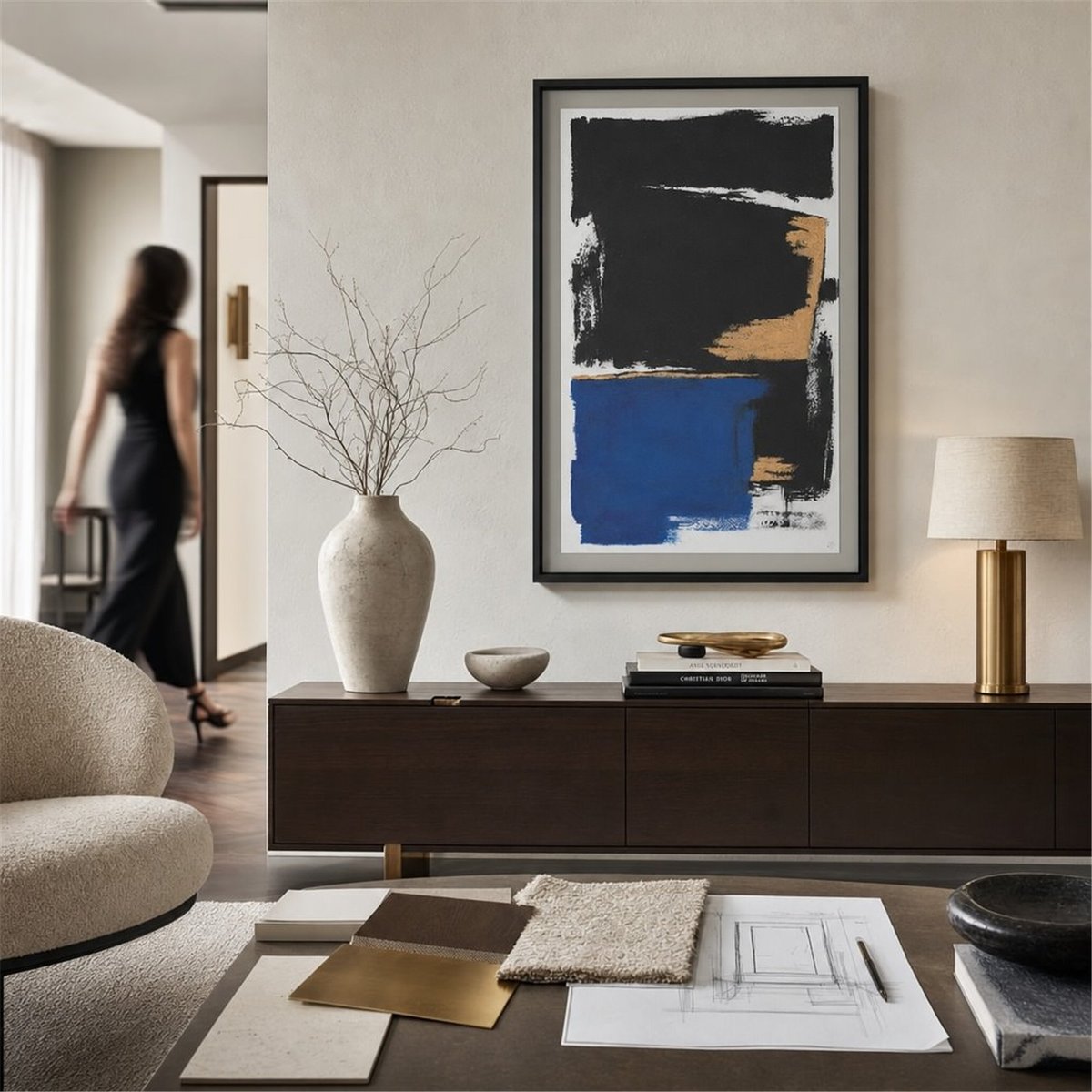Tableau abstrait en verre et bois noir, doré et bleu, RECOLLECTION