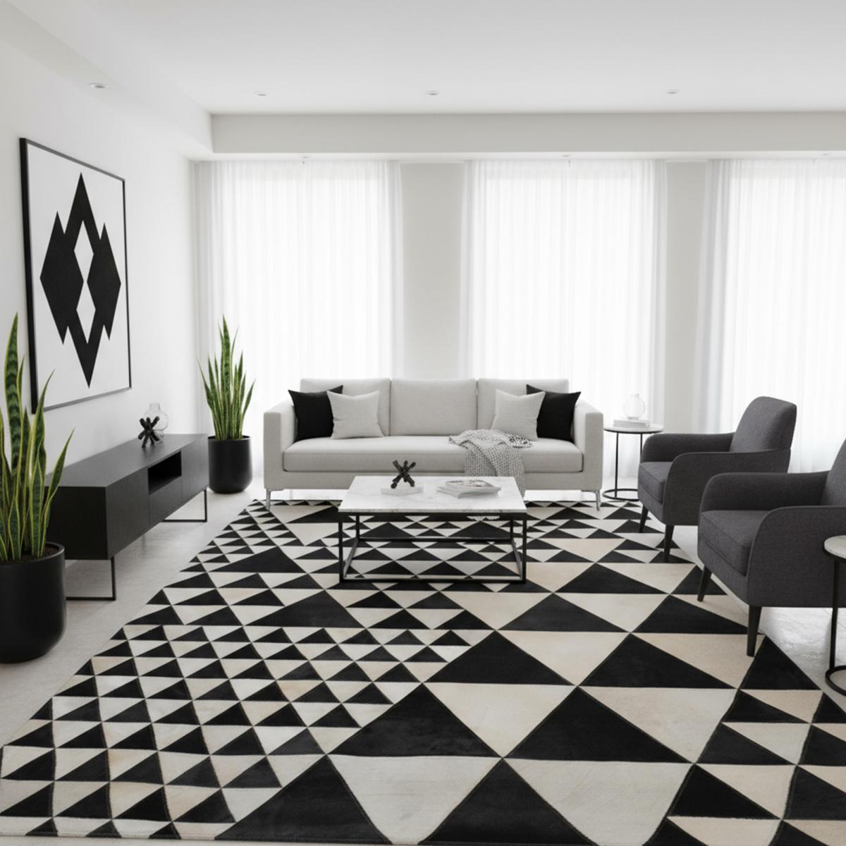 Tapis en peau de vache kilm TRIBLACK, fait à la main noir, blanc, UN AMOUR DE TAPIS