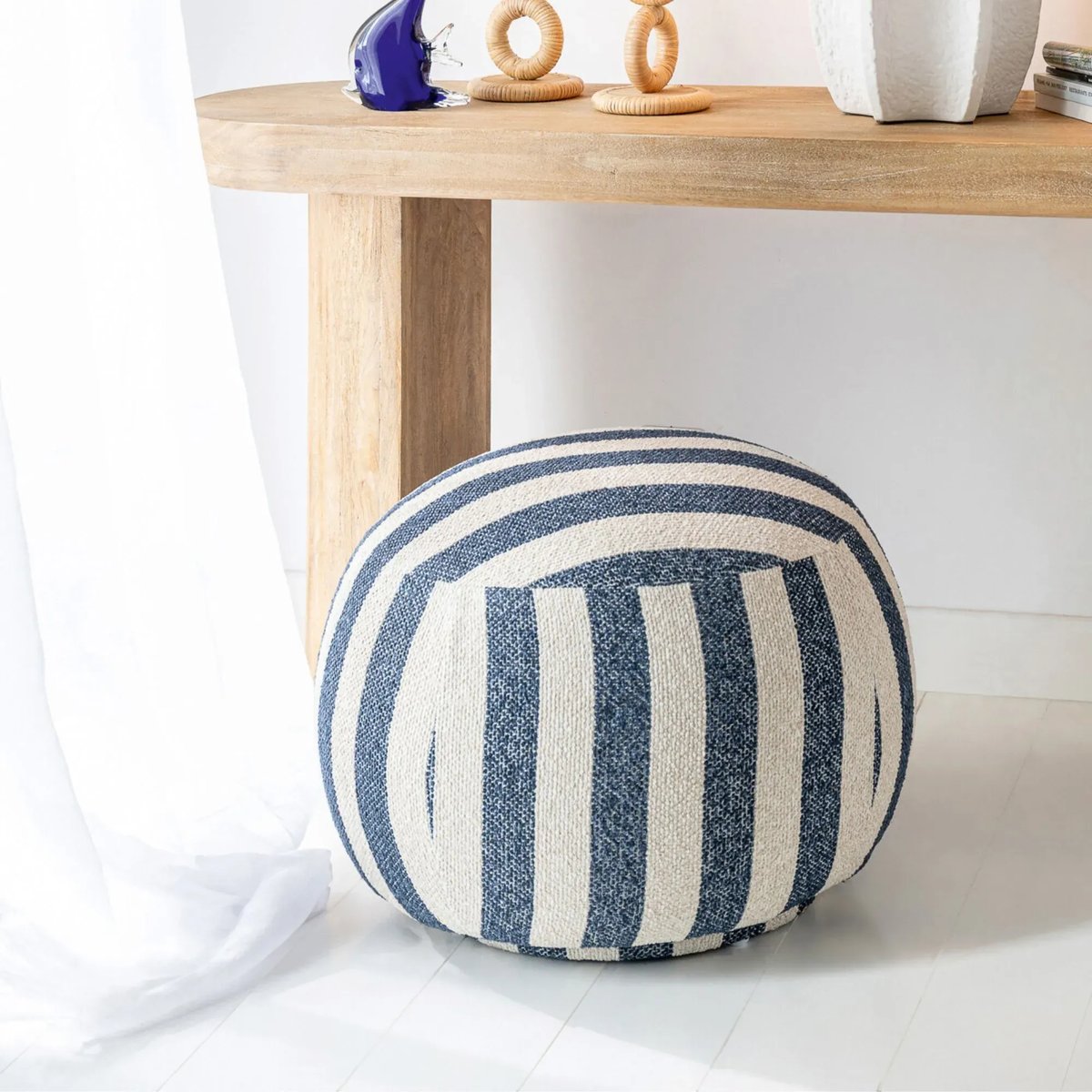 Pouf carré en tissu à rayures - AZUR bleu, HELLIN, DEPUIS 1862