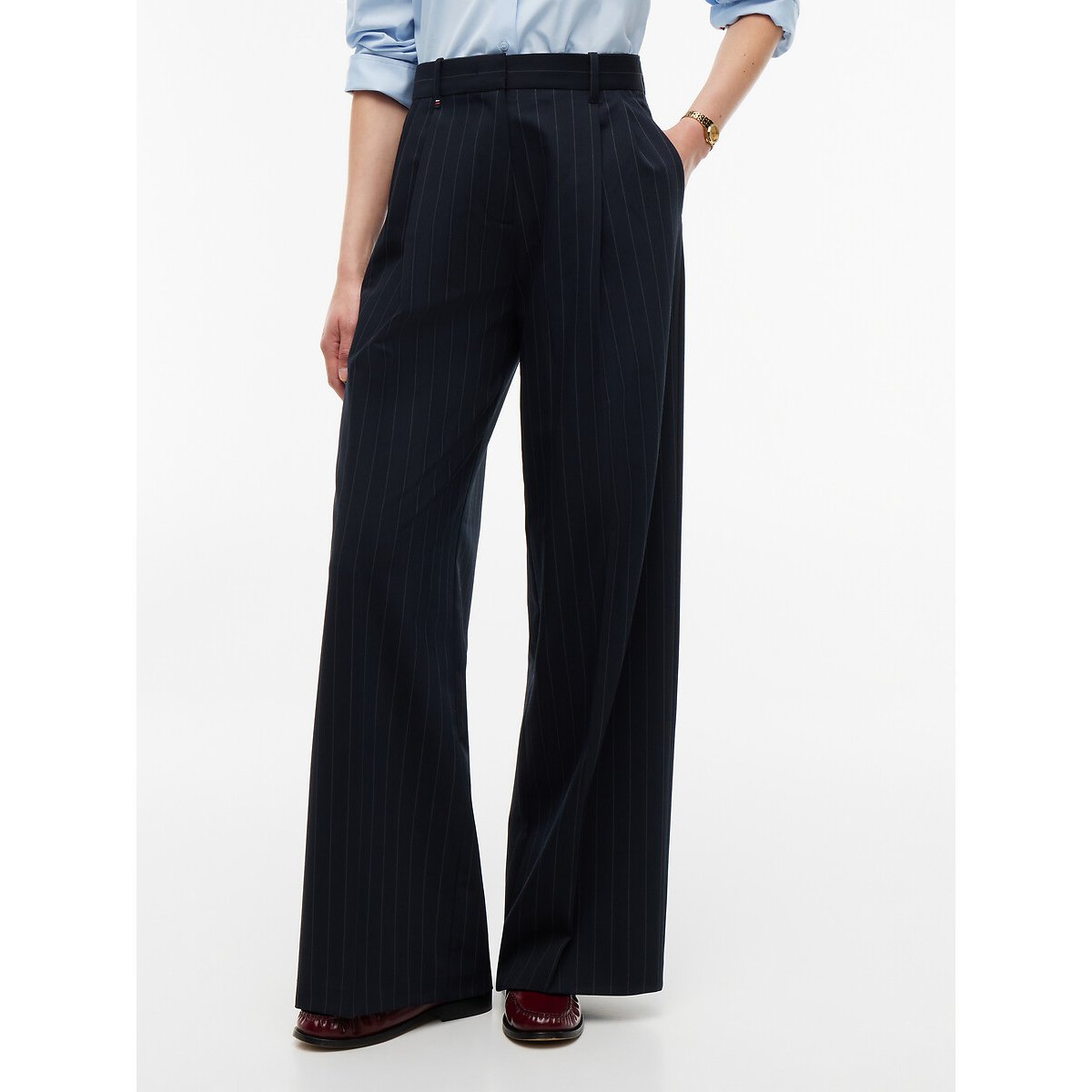 Pantalon large à pinces et fines rayures marine, TOMMY HILFIGER