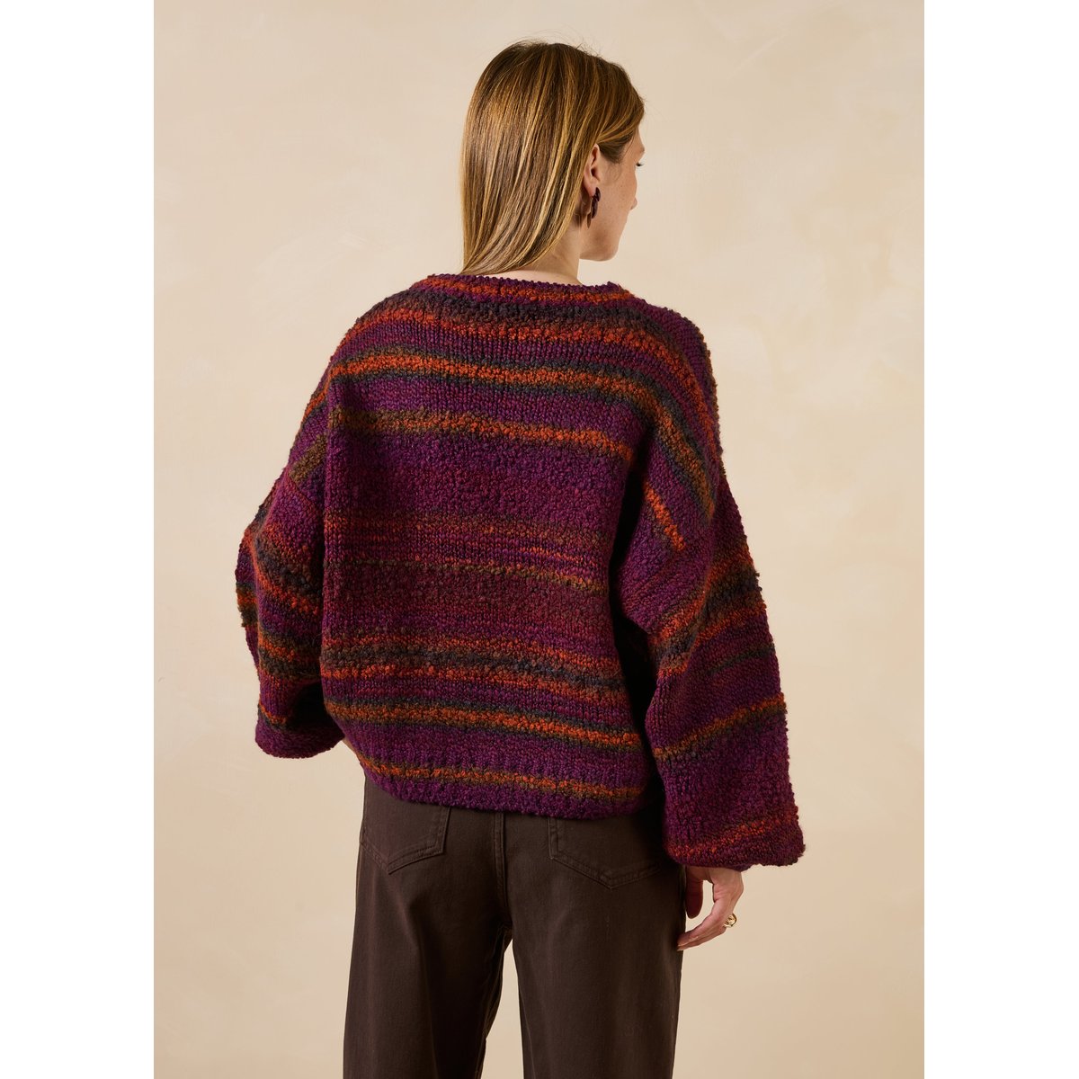Pull manches longues col rond rayé bordeaux, LA FEE MARABOUTEE
