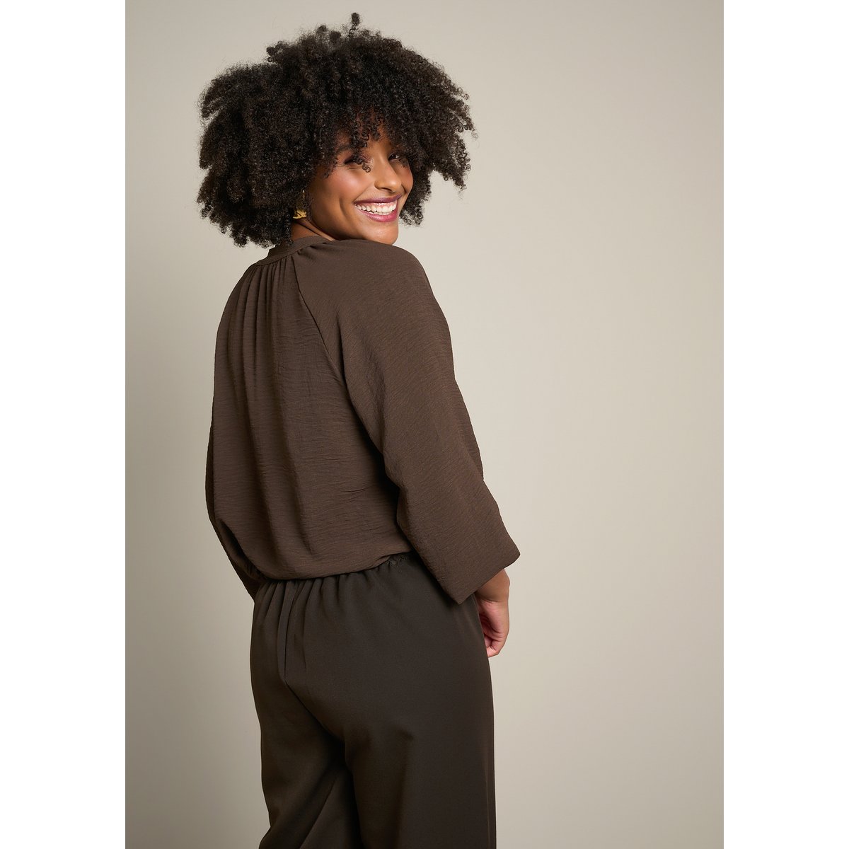Blouse fluide à col mao brun fonce chocolate, LOLALIZA