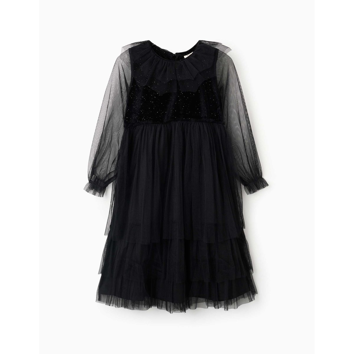 Robe à manches longues en velours et tulle avec volants noir, ZIPPY